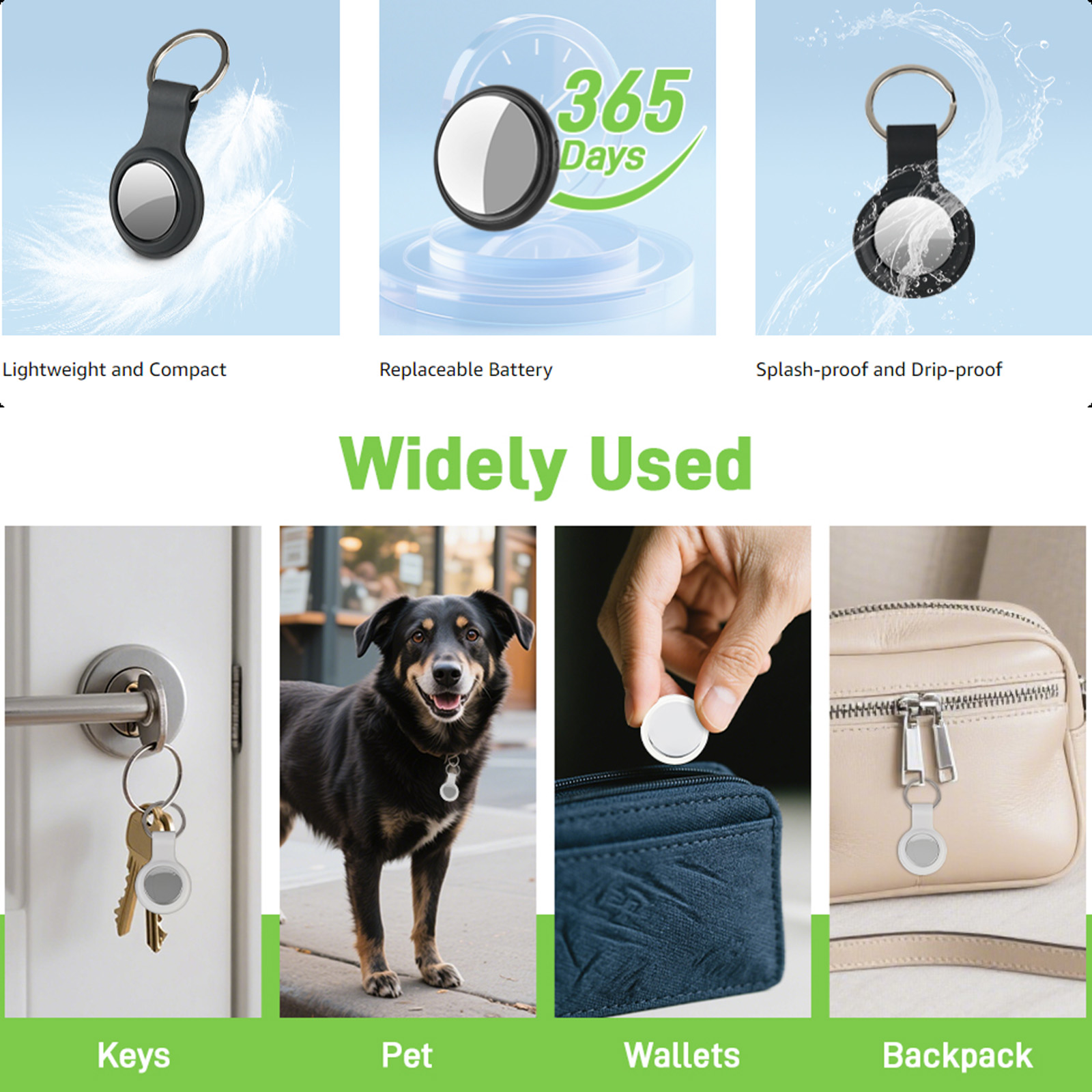 thumbnail video image 2 of Bluetooth Tracker, Keys Finder Works with Find My App (iOS Only), Item Locator for Keys, Bags, Pet, Cat, Dog, Waterproof, Compact, 2-Pack (Black&White, with Silicon Protective Case), 2 of 8