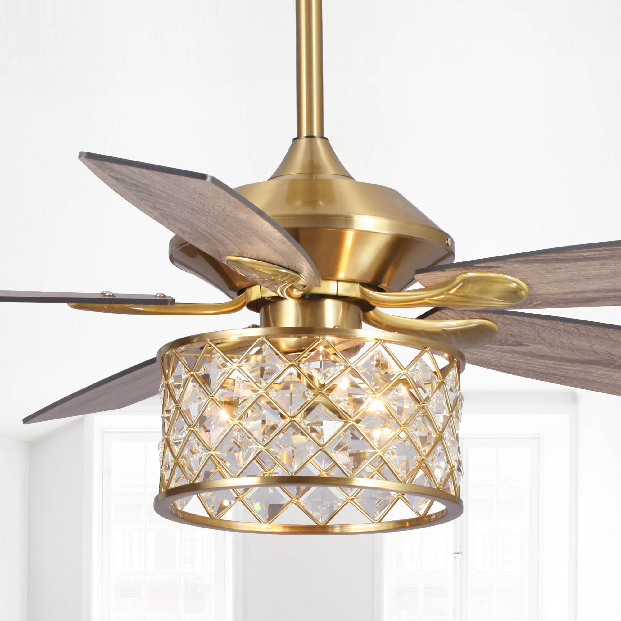 thumbnail video image 2 of Parrot Uncle 52 inch Gold Chandelier Crystal Ceiling Fan with Lights and Remote Control, 5 Blades, Indoor, 2 of 13
