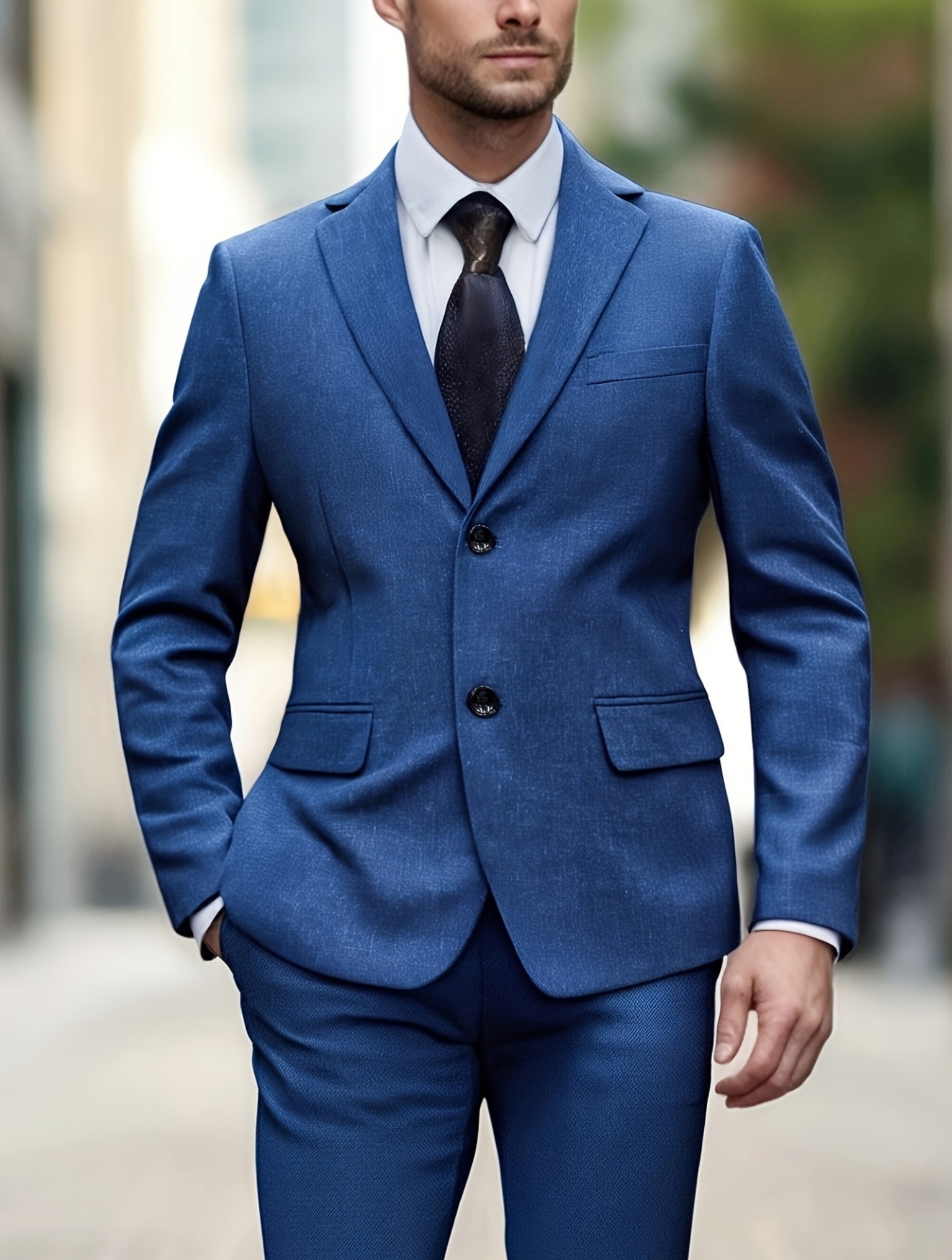 thumbnail video image 2 of i.Finelong Men's Blue Linen-Blend Slim-Fit 2-Piece Suit Set - Breathable Professional Business Interview Formal Outfit (Jacket & Pants), 2 of 8