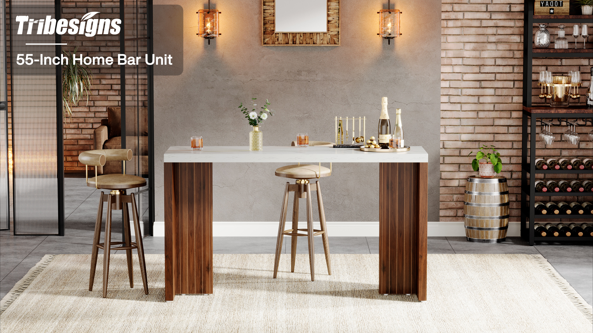 thumbnail video image 2 of Tribesigns 55.12-Inch Bar Table, Home Bar Unit with a Faux Marble Finished Tabletop, Modern Freestanding Mini Bar for Home Kitchen, Living Room, Balcony, Basement, Walnut & White, 2 of 8