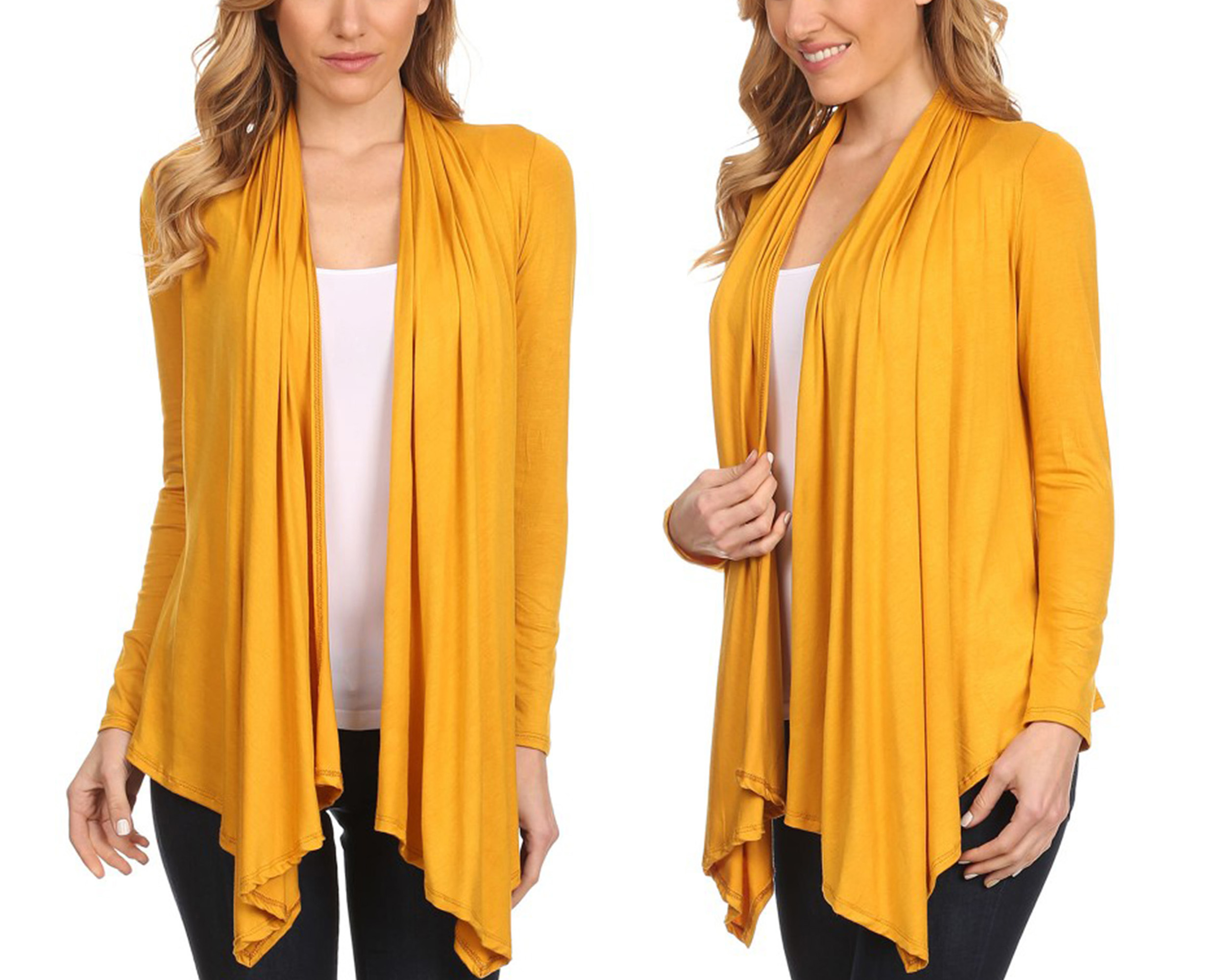 thumbnail video image 2 of Moa Collection Women's Long Sleeve Relaxed Loose Fit Draped Neck Open Front Waist Length Solid Cardigan, 2 of 6