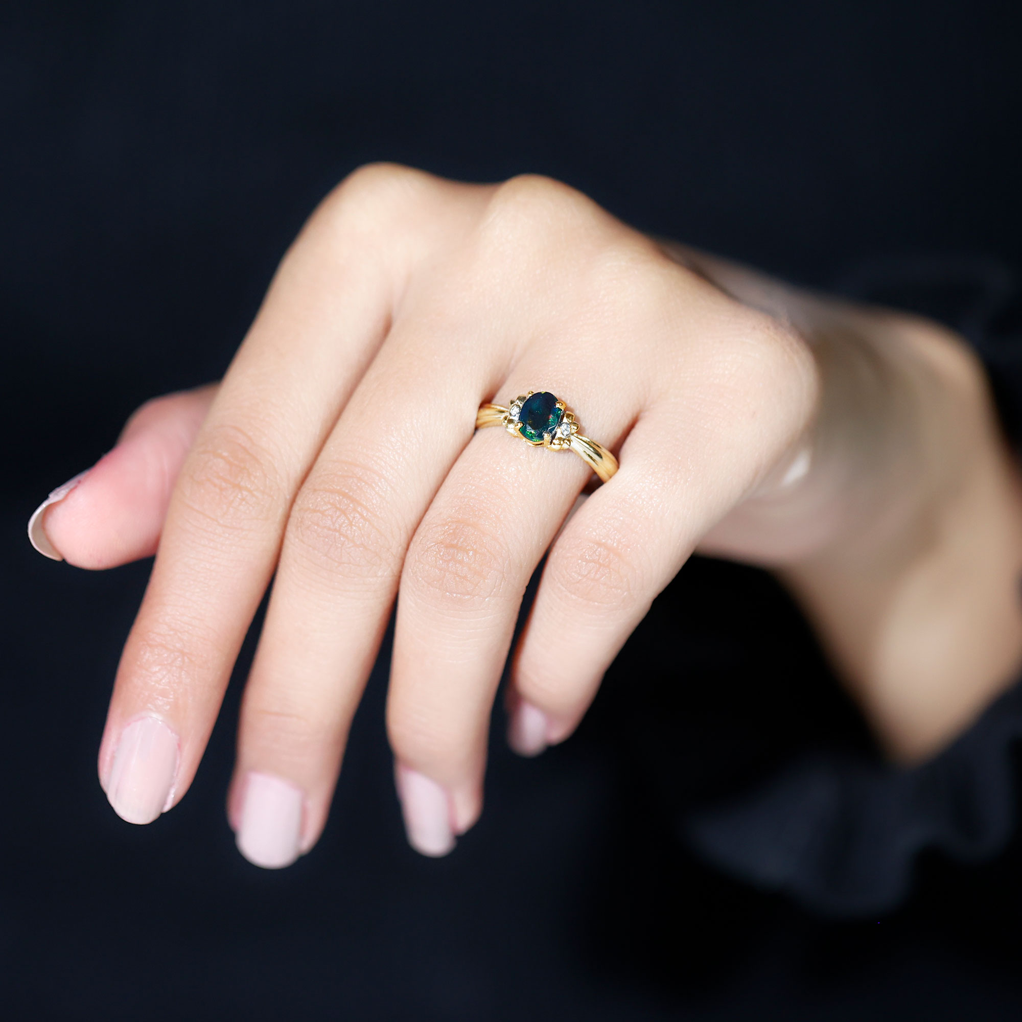 thumbnail video image 2 of Rosec Jewels Real Black Opal Diamond Engagement Ring with Bow - (5X7 mm) AAA Quality Black Opal Ring for Women - Ready to Gift, 14K Yellow Gold, US 8.00, 2 of 9