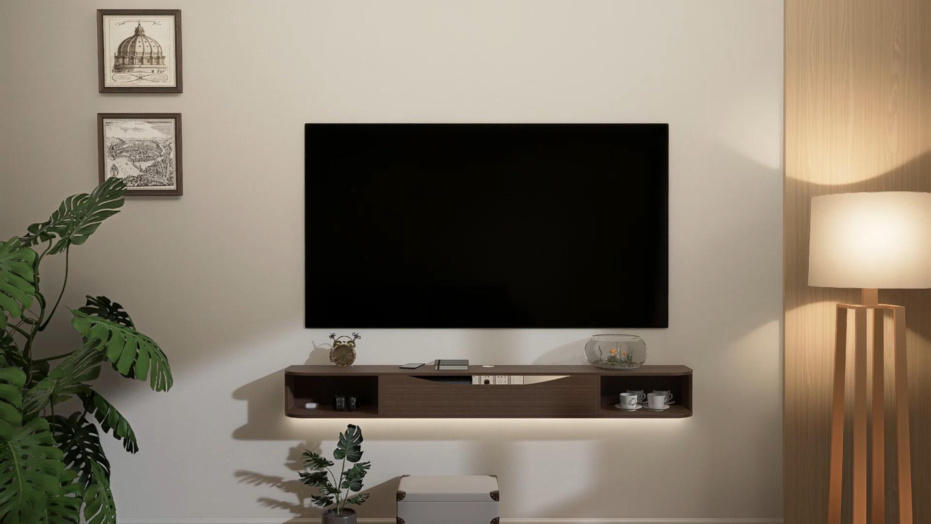 thumbnail video image 2 of FloatiCasa 70" Wall Mounted Floating TV Stand, for TVs up to 75", Entertainment Center(Walnut), 2 of 17