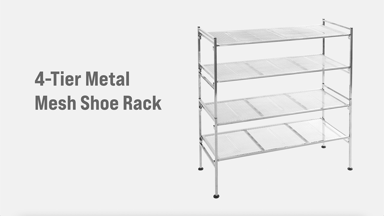 thumbnail video image 2 of Seville Classics 4-Tier Stackable 15-Pair Metal Mesh Shoe Storage Rack Organizer, Silver Mesh, 2 of 2