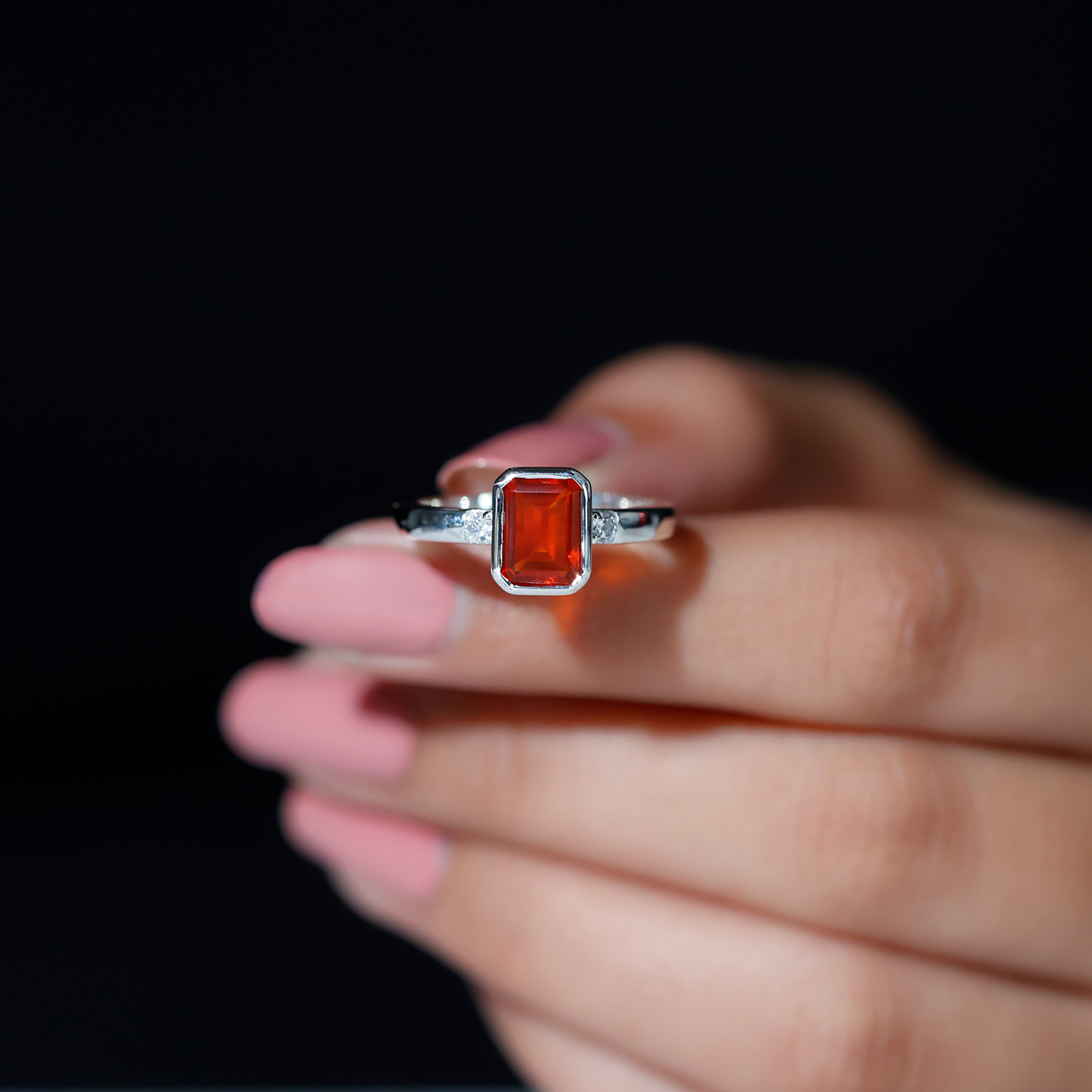 thumbnail video image 2 of Rosec Jewels Emerald Cut Fire Opal Solitaire Ring with Diamond for Women - 6X8 mm, 925 Sterling Silver, US 4.00, 2 of 9