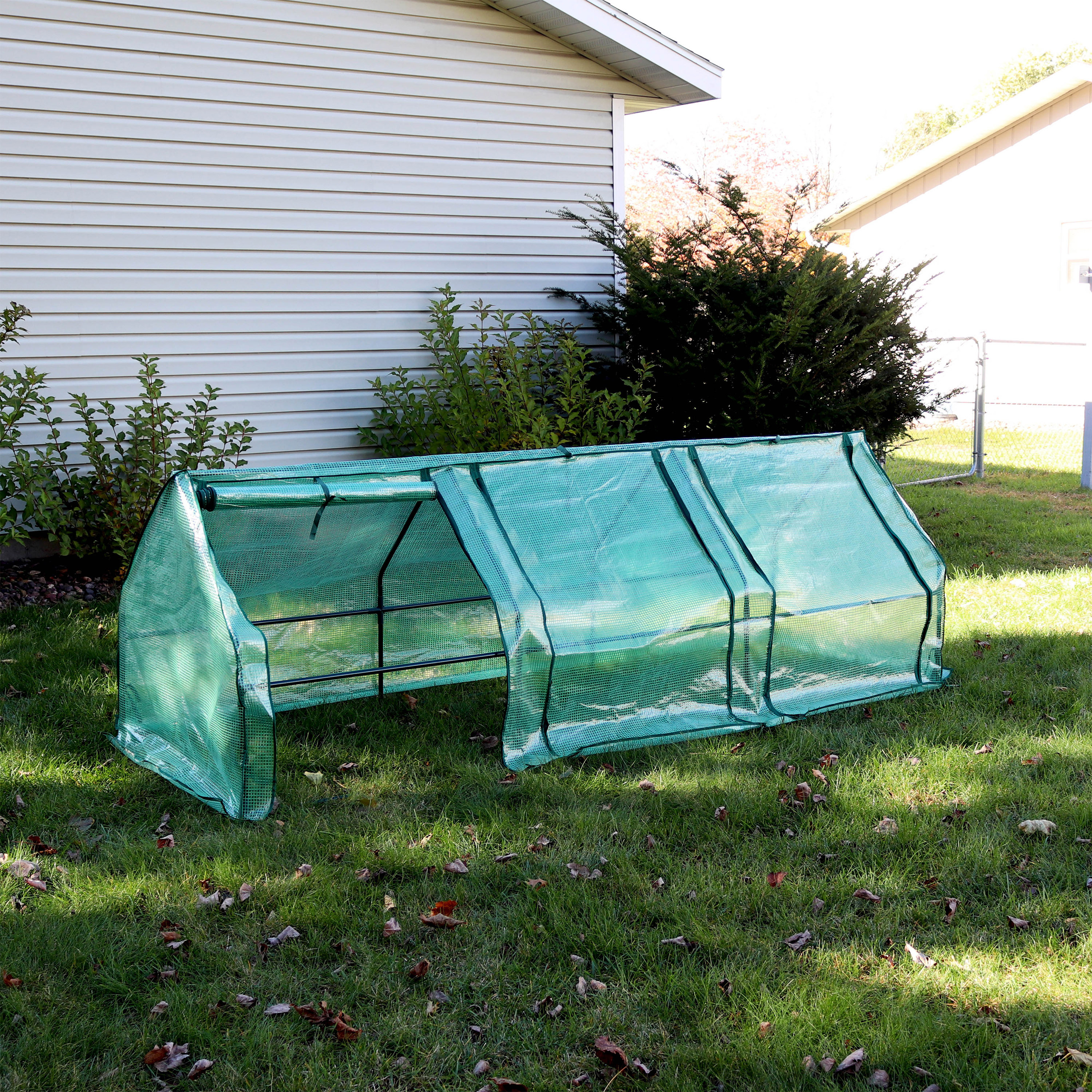 thumbnail video image 2 of Sunnydaze 2' x 8' x 3' Outdoor Portable Mini Cloche Greenhouse, Green Cover, 2 of 11