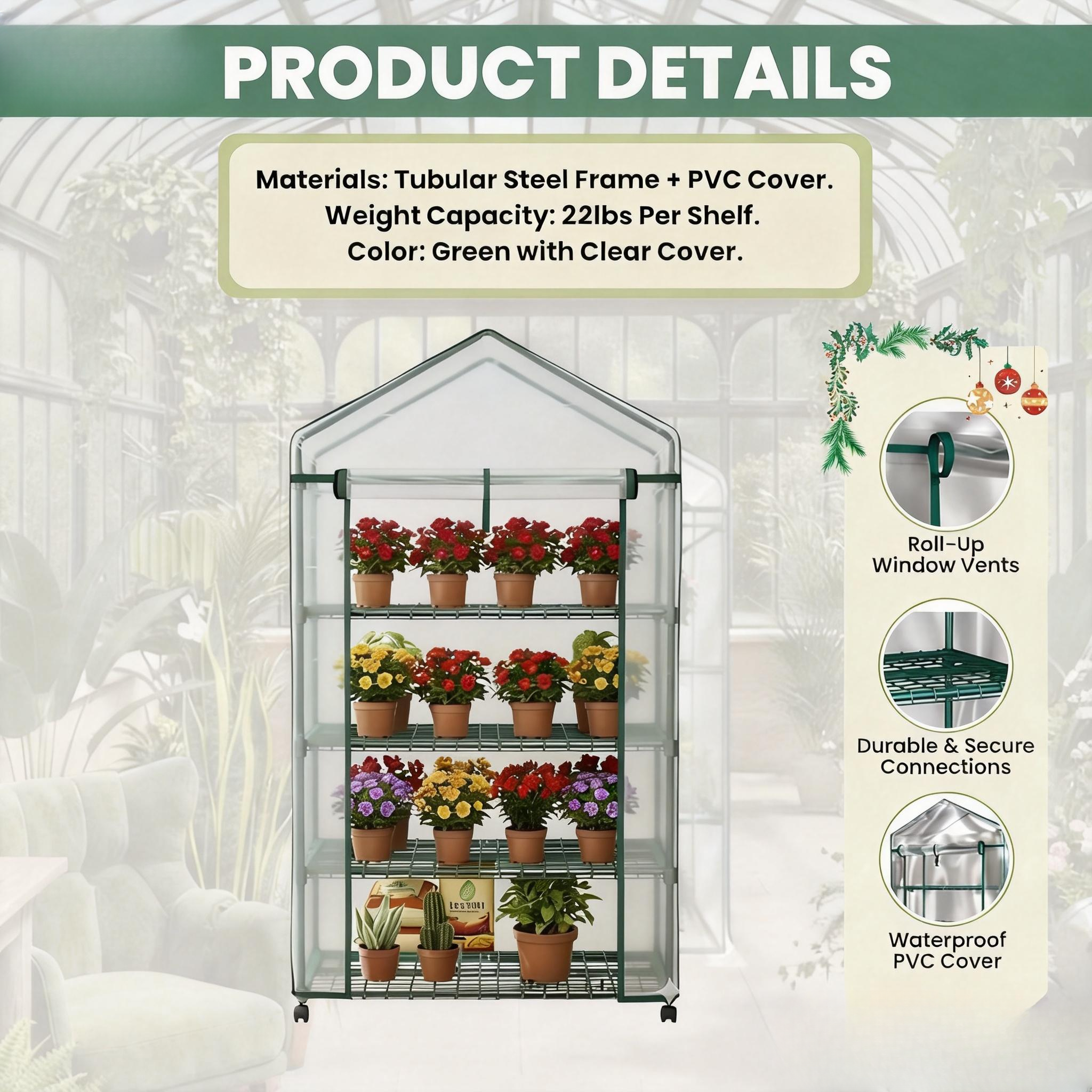thumbnail video image 2 of CONCETTA 4-Tier Mini & Portable Greenhouse with Wheels, Rust-Resistant Steel Frame, PVC Cover for Indoor or Outdoor Gardening, Clear, 2 of 11