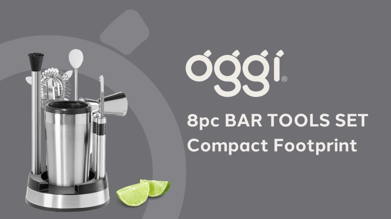 thumbnail video image 2 of Oggi 8-Piece Compact Bar Set with Stand, Stainless, 2 of 8