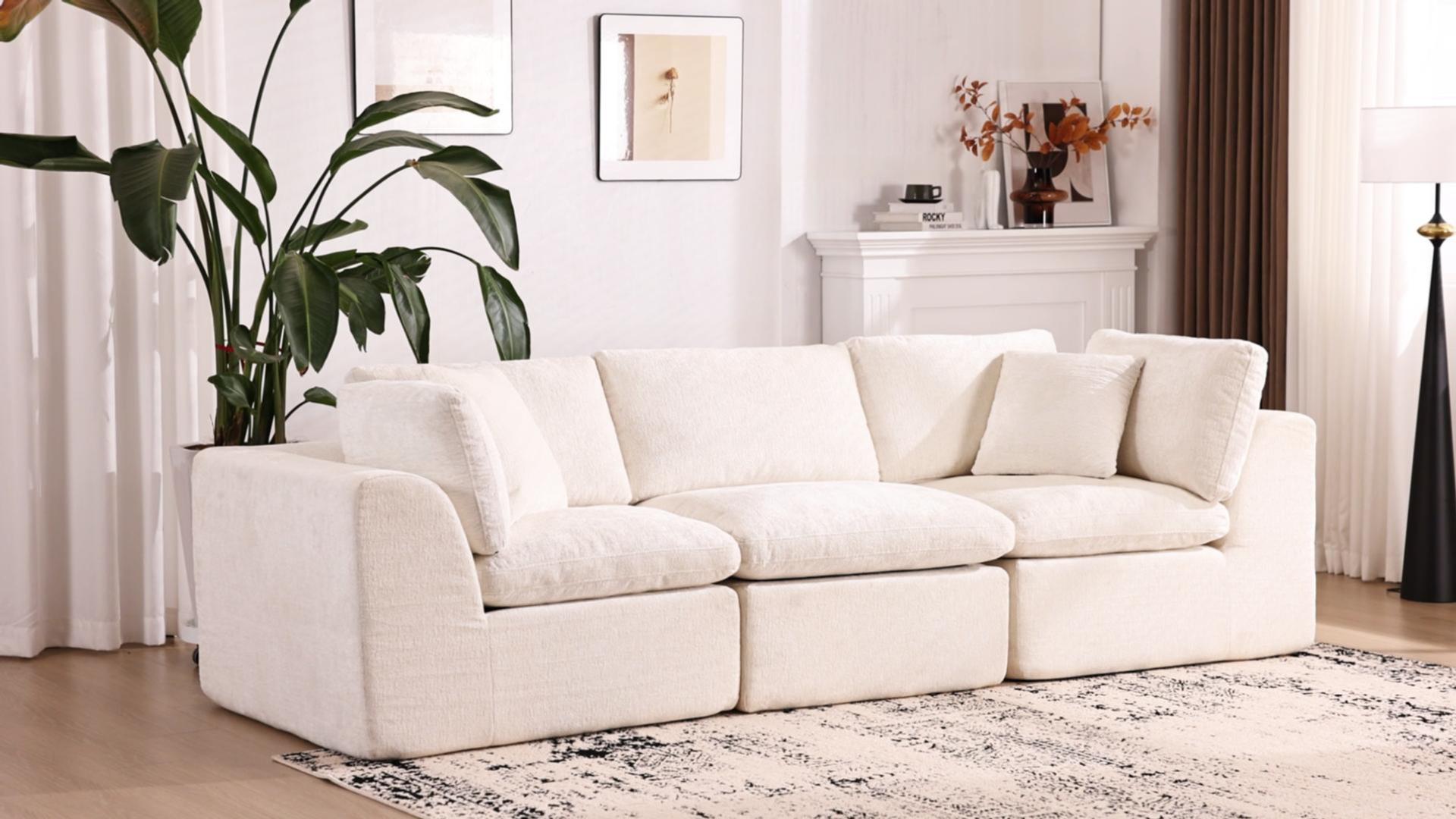 thumbnail video image 2 of 108'' Chenille Sectional Sofa, Modern Boneless Cloud Couch with Deep Seat, 3-Seater Modular Sofa for Living Room, No Assembly Required, Beige, 2 of 12