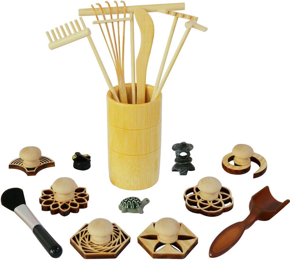 thumbnail video image 2 of Zen Garden Rake Stamp Tools - Meditation Rock Sand Garden Accessories – Office Desktop Mini Zen Gifts for Man Women Bamboo Rakes Holder Brusher Spoon Figurines, 2 of 9