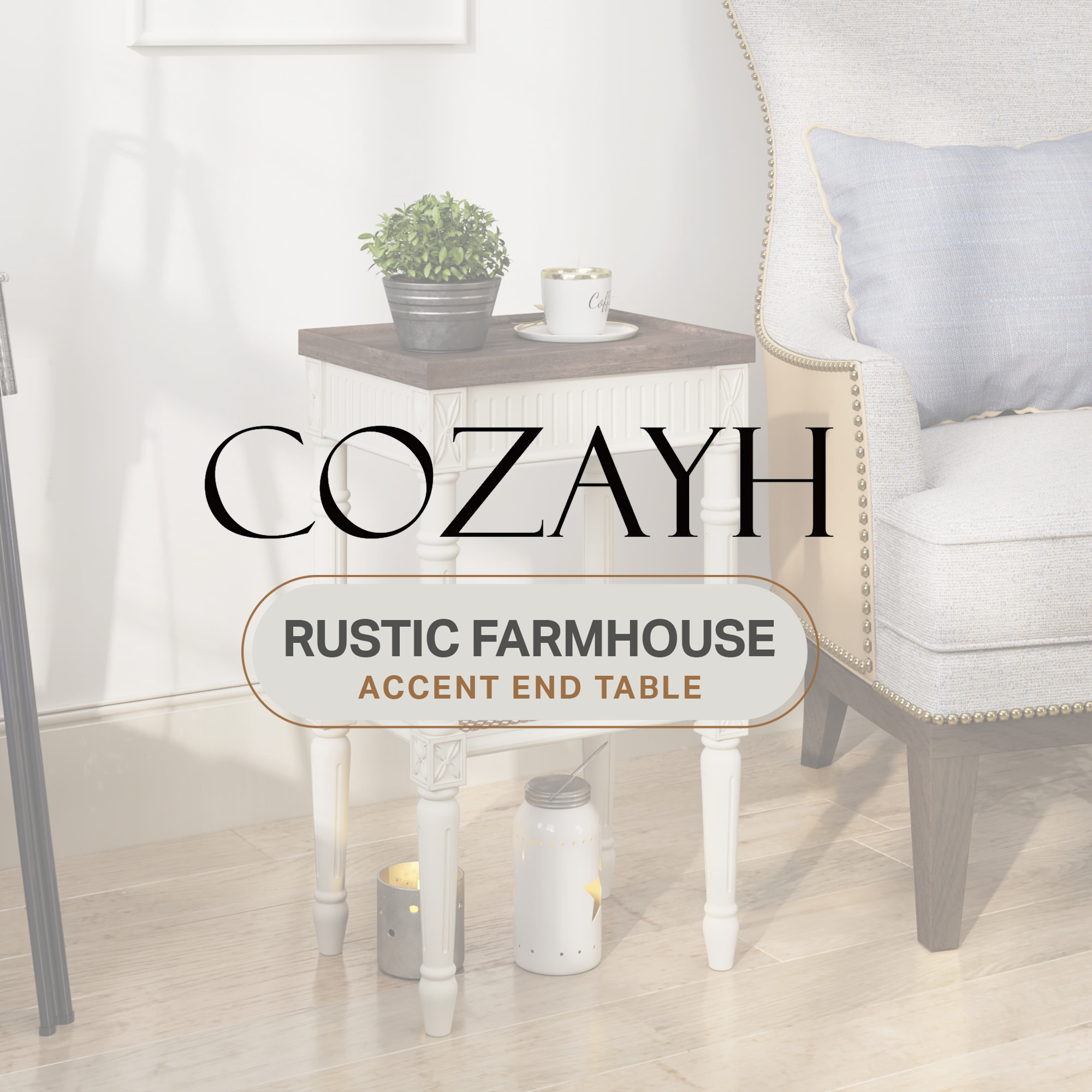 thumbnail video image 2 of Open Box COZAYH Rustic Farmhouse Accent End Table, Wooden Tray Top, Brown/White, 2 of 12