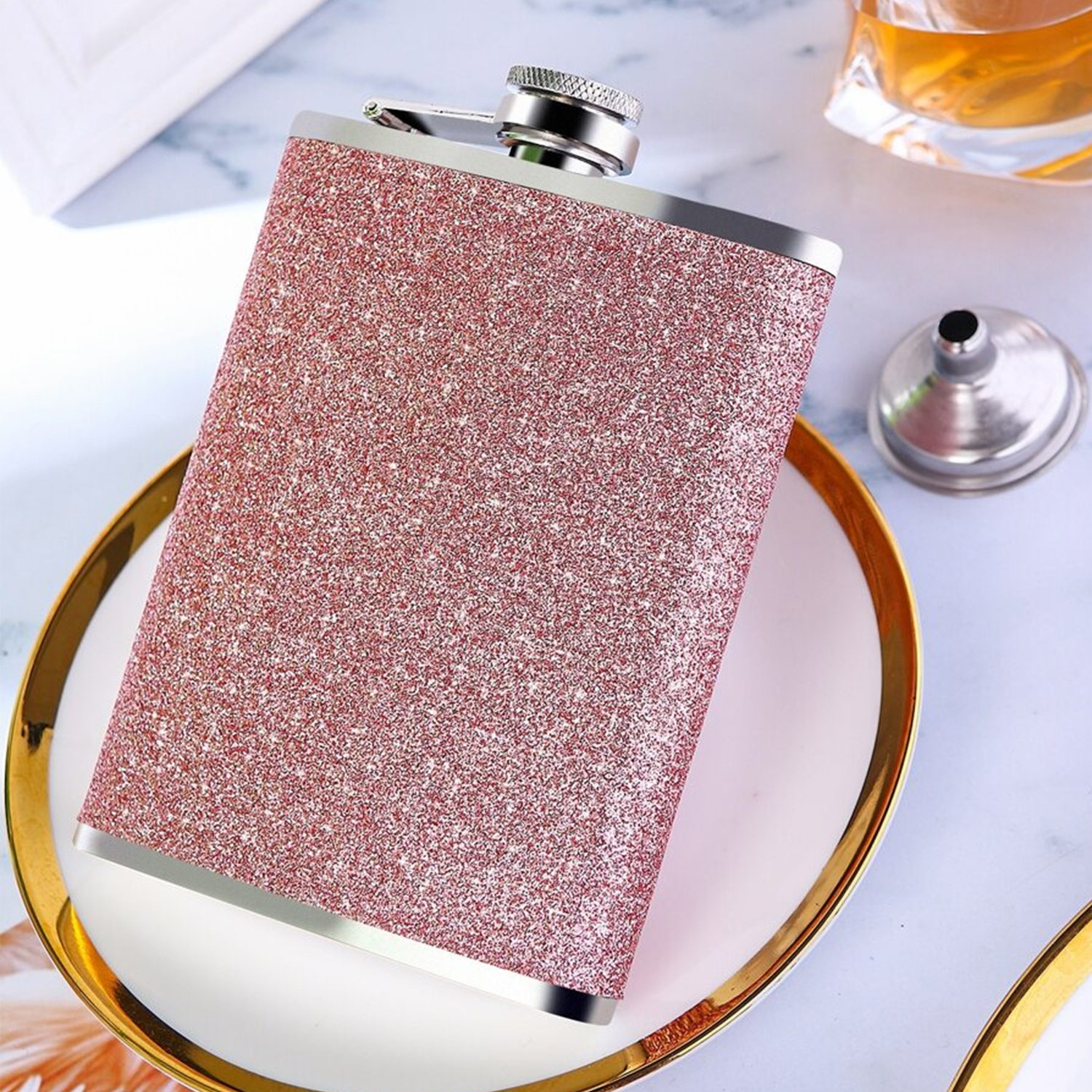 thumbnail video image 2 of iMucci Stainless Steel Colorful Glitter Hip Flask for Liquor with Funnel- Stores 8 Ounces/240ml, Pink, 5.3in Height, 2 of 9