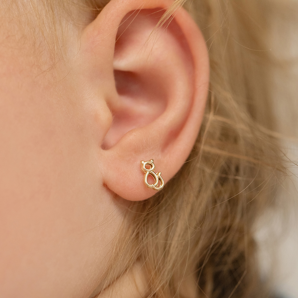 thumbnail video image 2 of 14k Yellow Gold Little Kitten Screw Back Earrings for Toddlers to Little Girls, 2 of 7