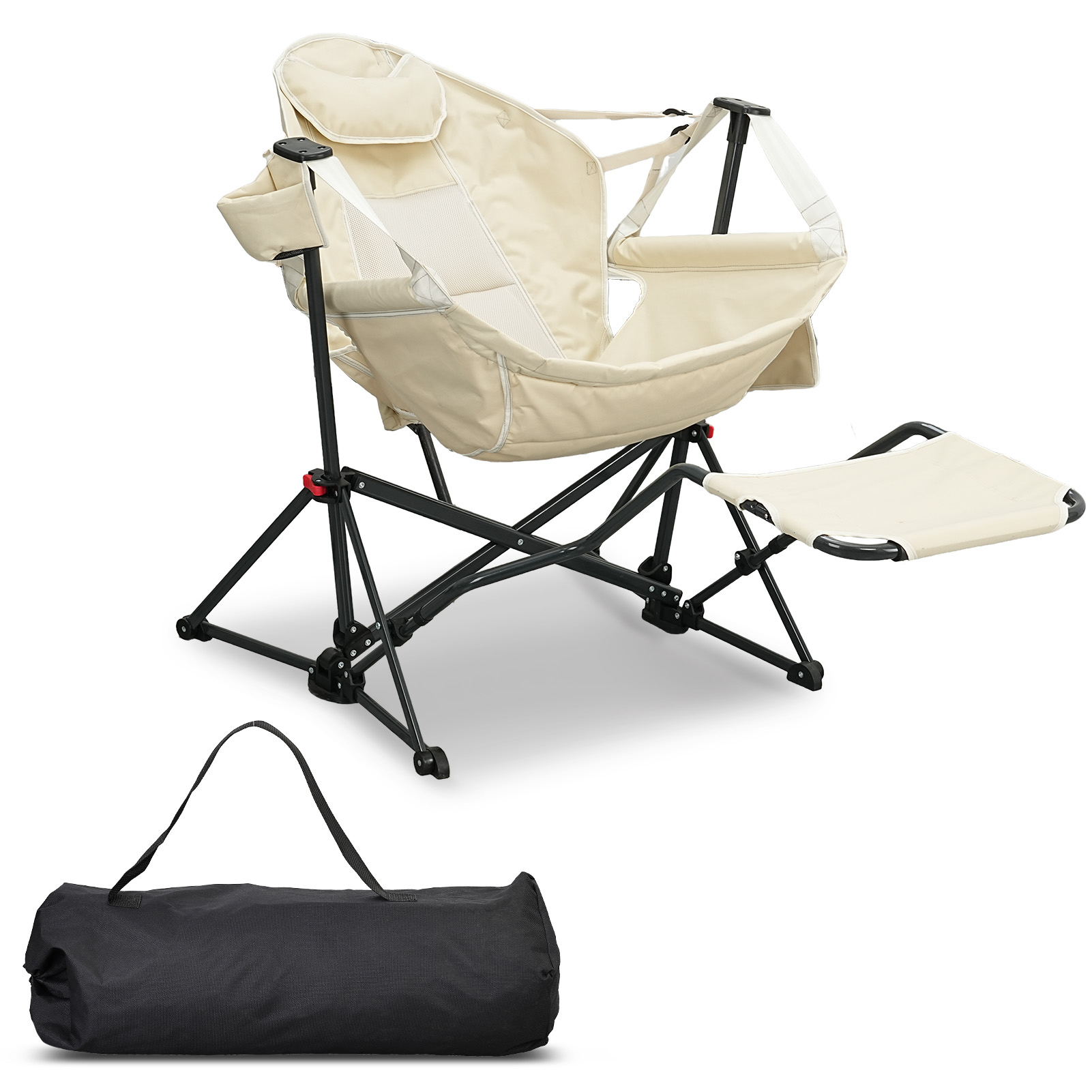 thumbnail video image 2 of Ainfox Foldable Portable Rocking Camping Chairs with Footrest, Cup Holder, Pillow, Khaki, 2 of 12
