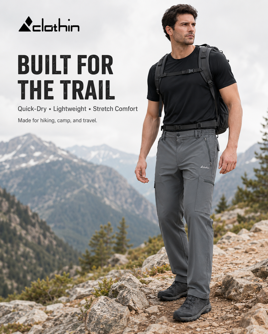 thumbnail video image 2 of Clothin Men's Elastic-Waist Travel Pant Stretchy Lightweight Thin Multi-Pockets Quick Dry Breathable(Grey L-30), 2 of 8