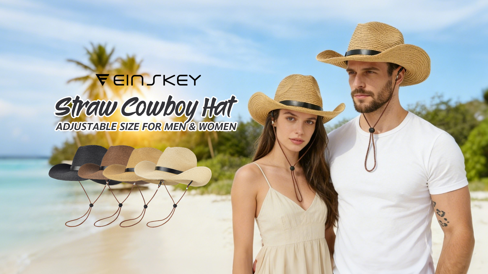 thumbnail video image 2 of EINSKEY Straw Cowboy Hat for Men & Women, Western Cowgirl Hat with Shapeable Wide Brim, Adjustable Sun Hat for Summer Beach - Brown, 2 of 7