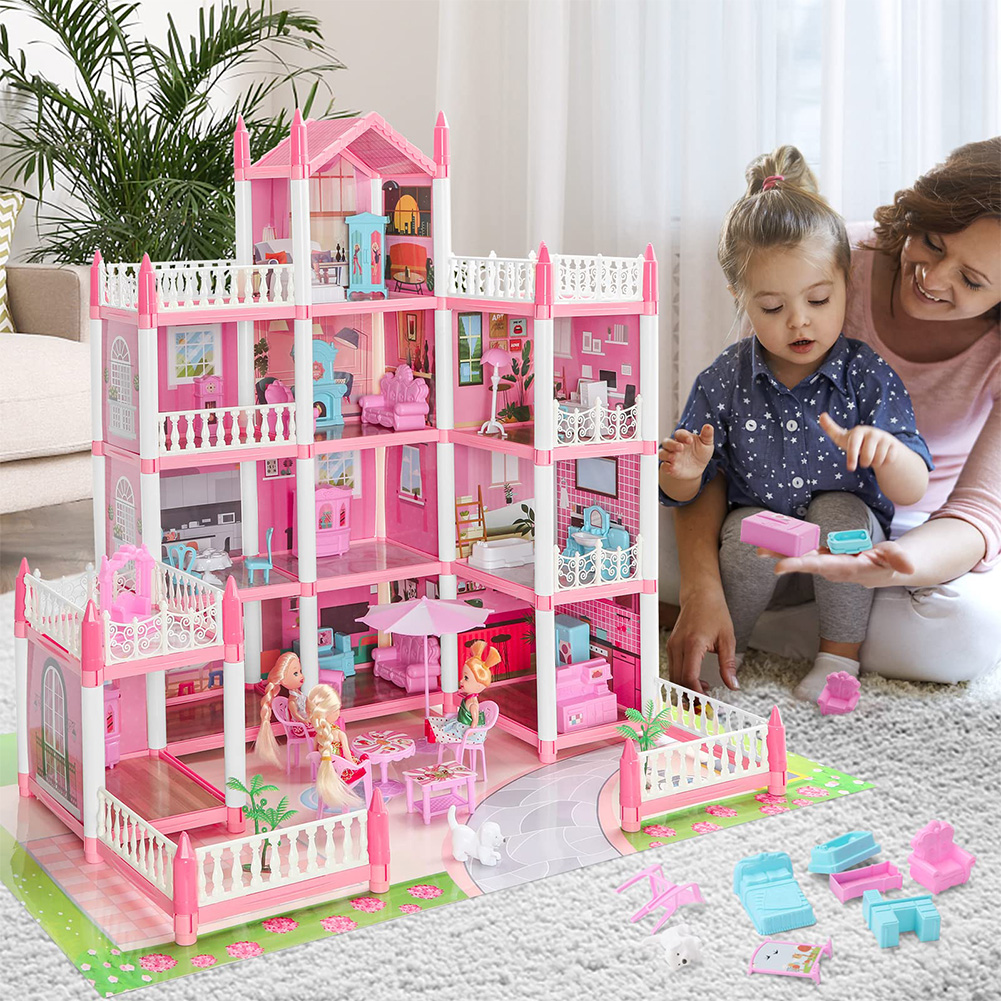 thumbnail video image 2 of Doll House for Girls,4-Story 11 Rooms Dollhouse with 4 Dolls Figure, Puppies,Furnitures, Accessories, LED Light, Toddler Playhouse Gift for for 3-10+ Year Old Girls Toys, 2 of 12