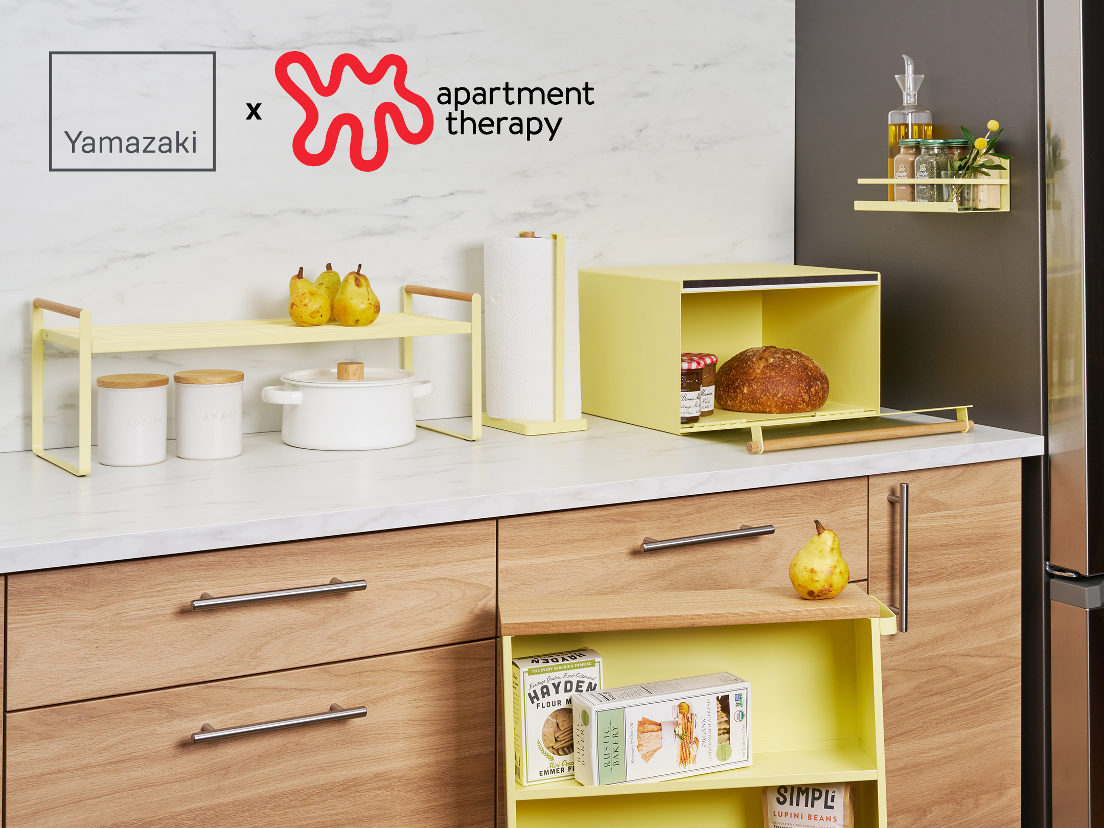 Yamazaki Home Bread Box, Yellow, Steel + Wood, Supports 22.2
