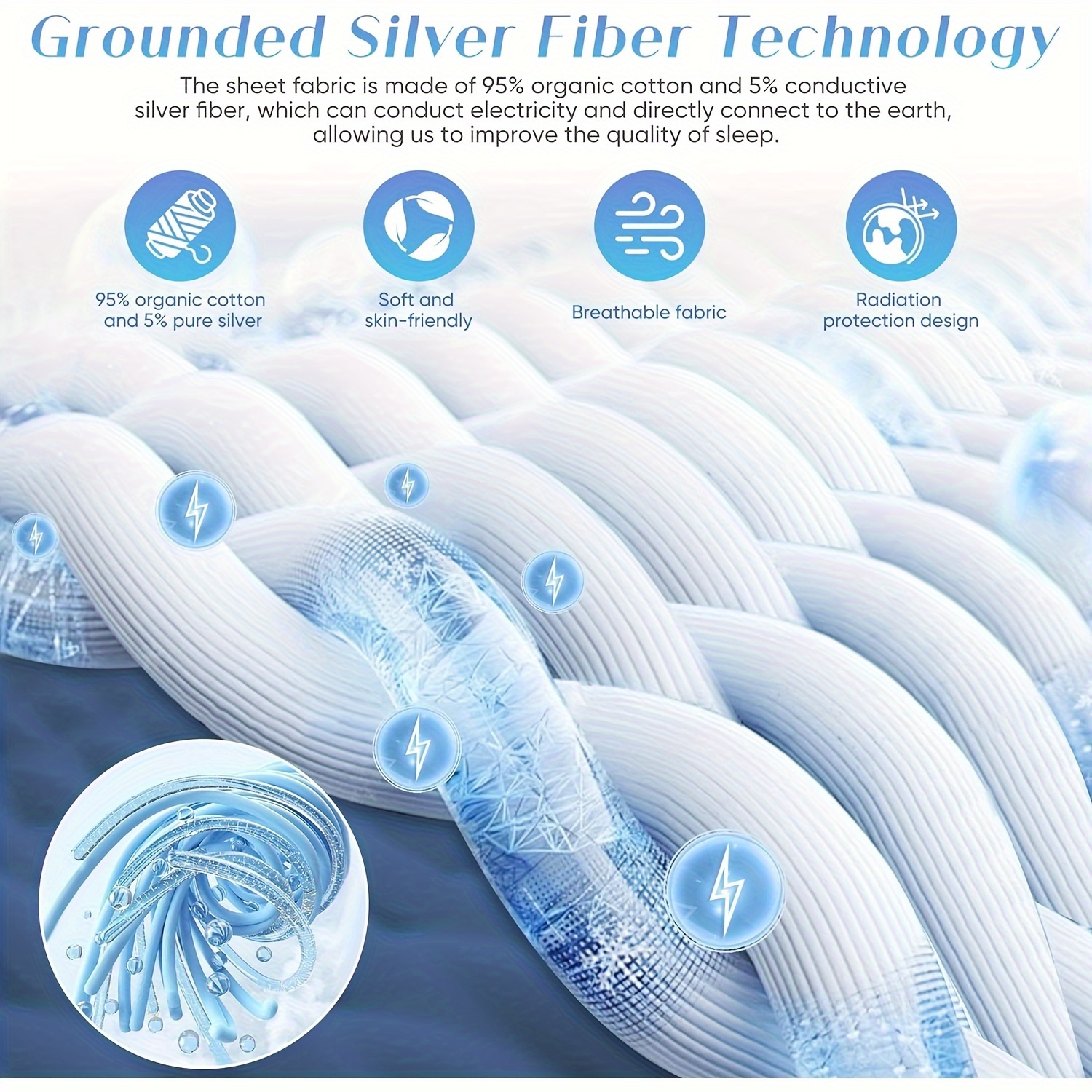 thumbnail video image 2 of Earth Connected Bedding Grounding Sheet 95% Organic Cotton 5% Silver Fiber Fitted Bedding with Grounding Cord Machine Washable, 2 of 11