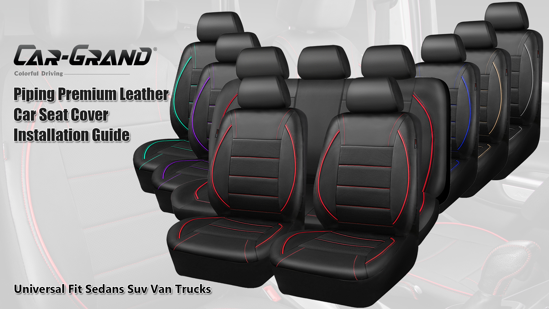 thumbnail video image 2 of CAR GRAND Faux Leather car seat covers front pair breathable universal fit airbag compatible car, SUV, truck and van blue, 2 of 9