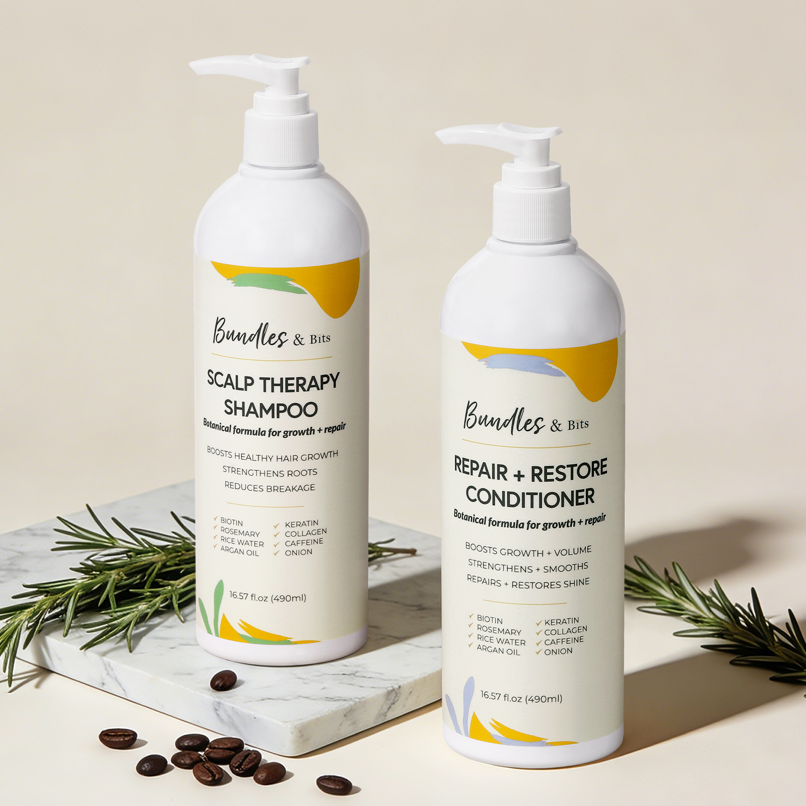 thumbnail video image 2 of Rosemary & Biotin Shampoo and Conditioner Set for Hair Growth & Thinning Hair | Scalp Therapy System for Women | Sulfate Free, with Rice Water, Keratin & Argan Oil | 2 x 16.5 oz | Bundles & Bits, 2 of 6