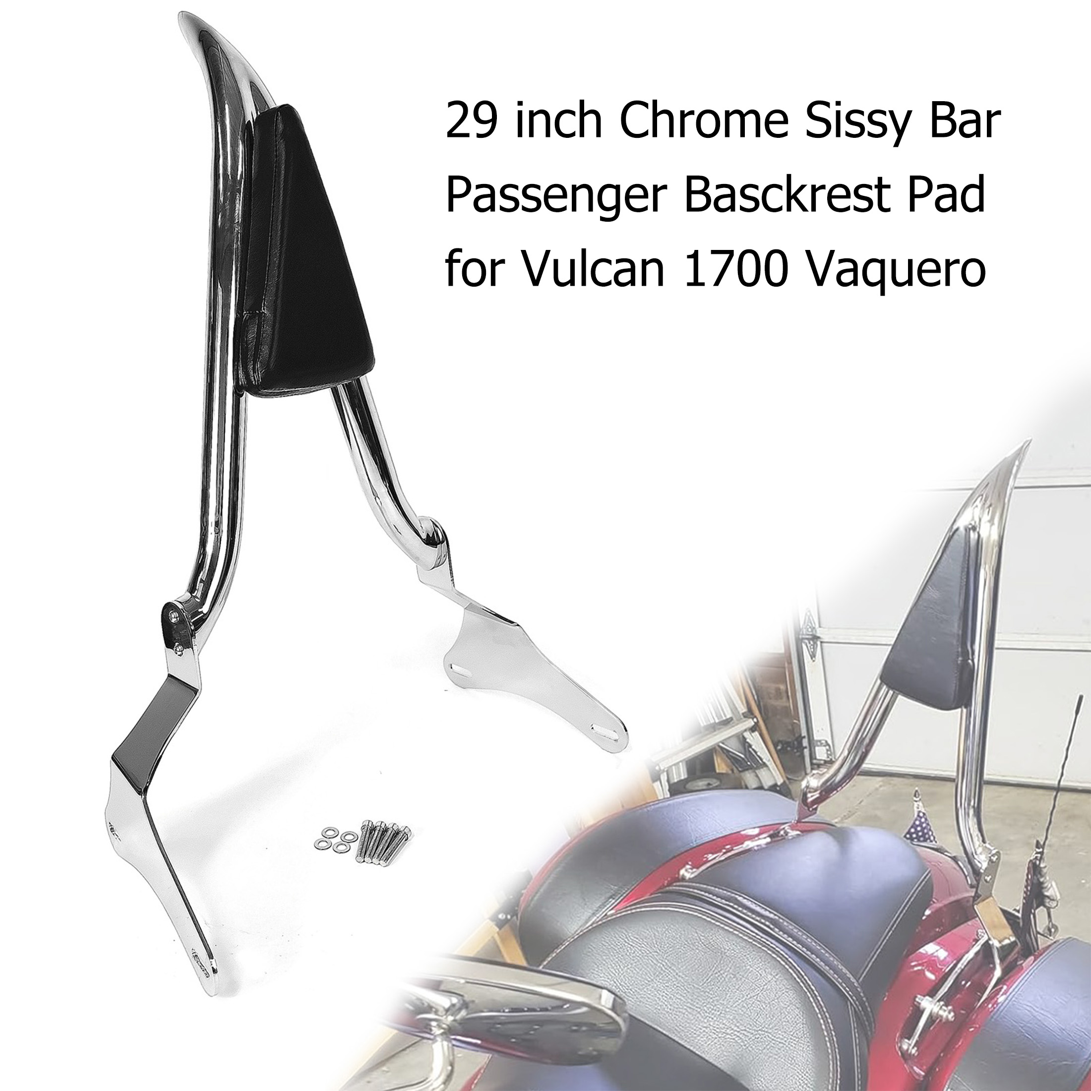 thumbnail video image 2 of Fjpacemt Chrome Detachable Sissy Bar Backrest for Motorcycle Kawasaki Vulcan 1700 Vaquero SE 2011-24, 2 of 13