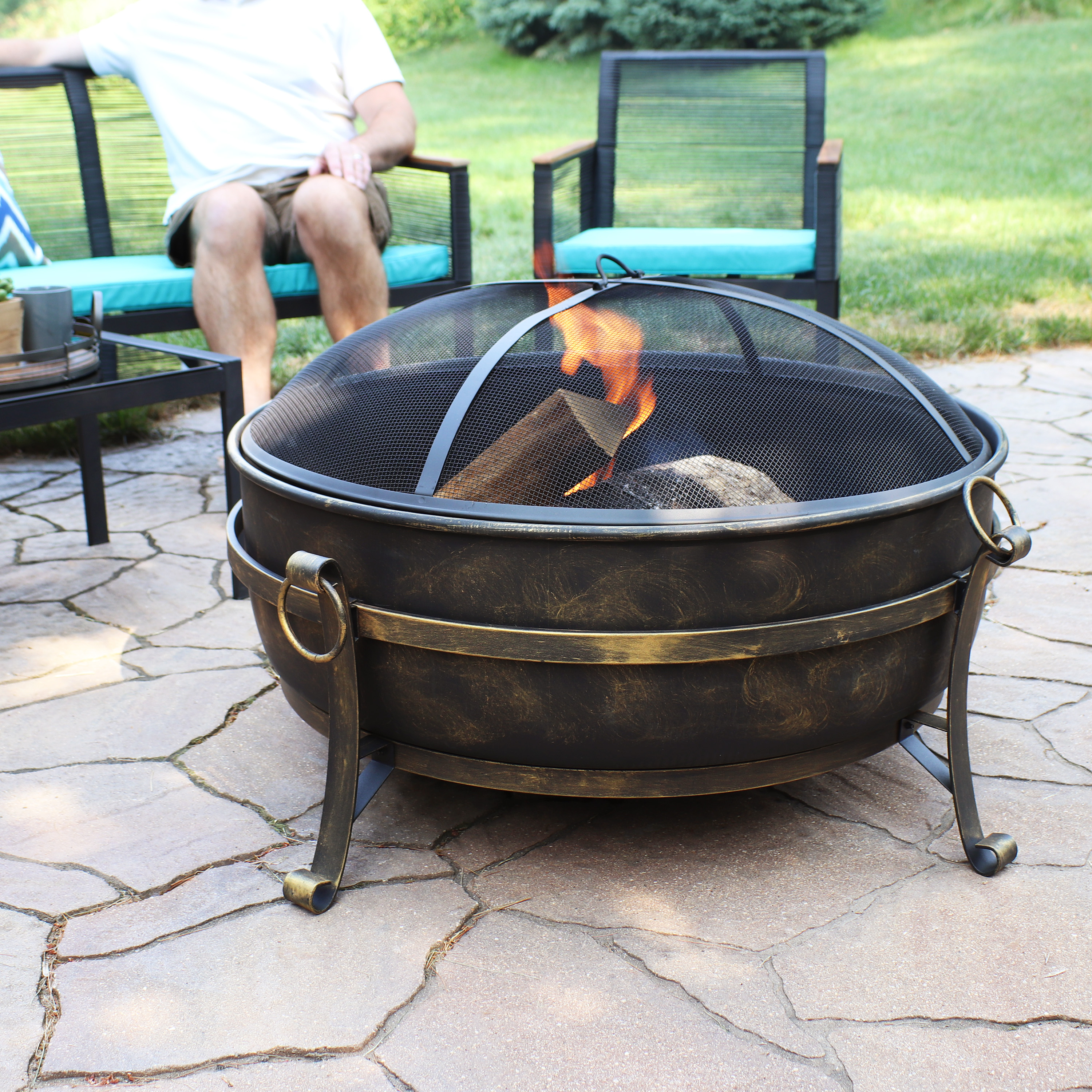 thumbnail video image 2 of Sunnydaze 34" Round Wood-Burning Black Finish Steel Cauldron Style Outdoor Fire Pit Bowl, 2 of 13