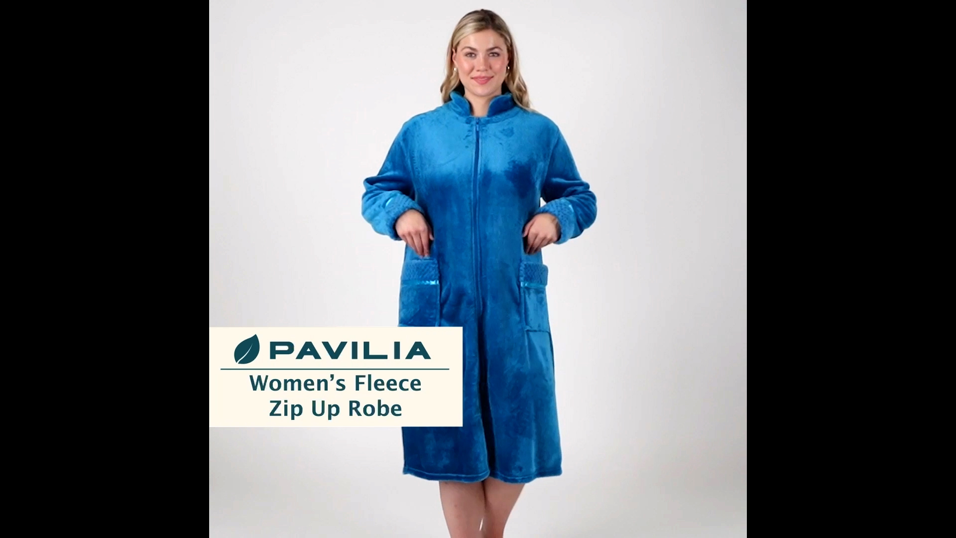 thumbnail video image 2 of PAVILIA Womens Housecoat Zip Robe, Fleece Zip Up Front Robe Bathrobe, Plush Warm Zipper House Coat Lounger for Women Ladies Elderly with Satin Trim, Pockets, Long - Light Blue (Small/Medium), 2 of 10