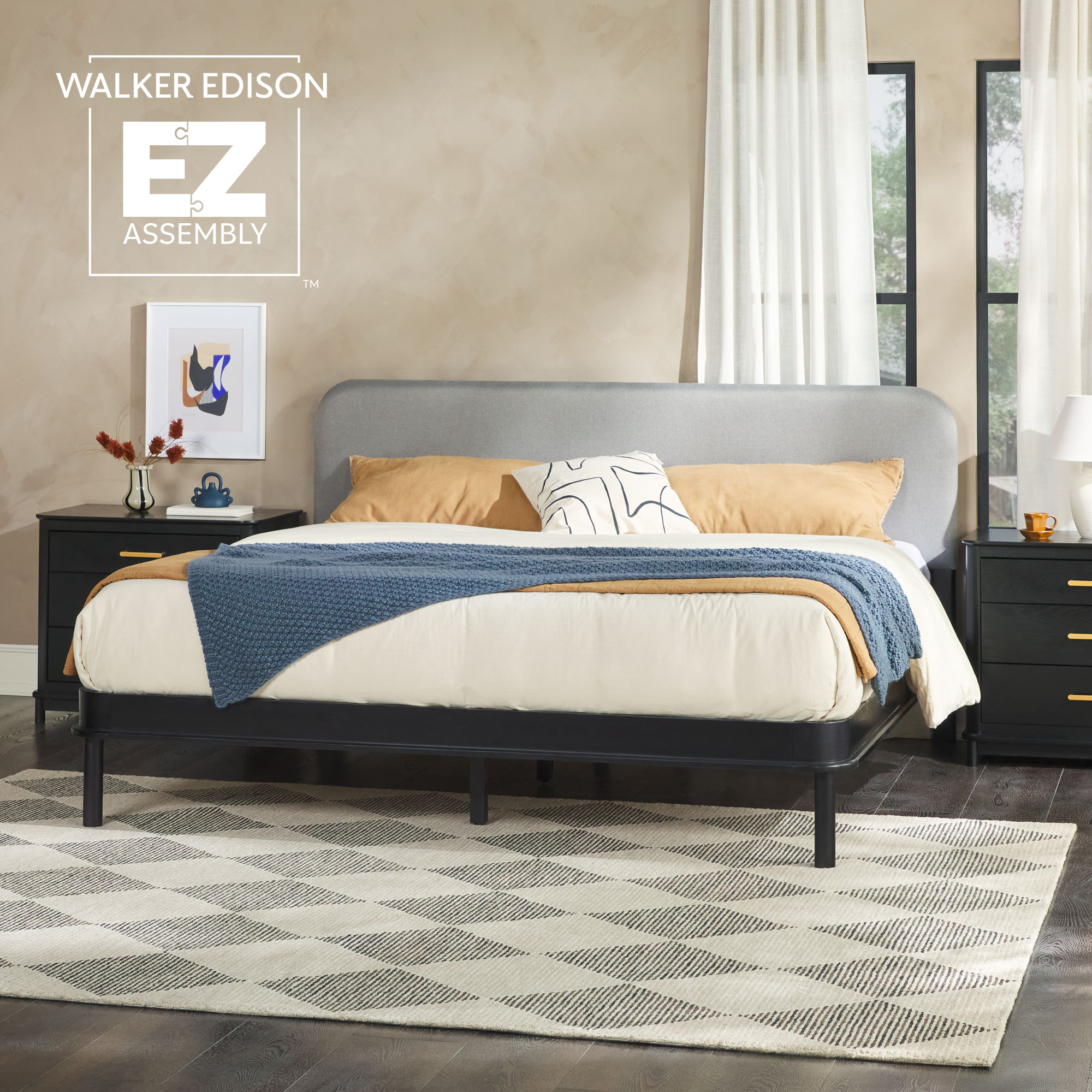 thumbnail video image 2 of Walker Edison Contemporary Wood King Bed with Curved Upholstered Headboard - Black/Grey, 2 of 14