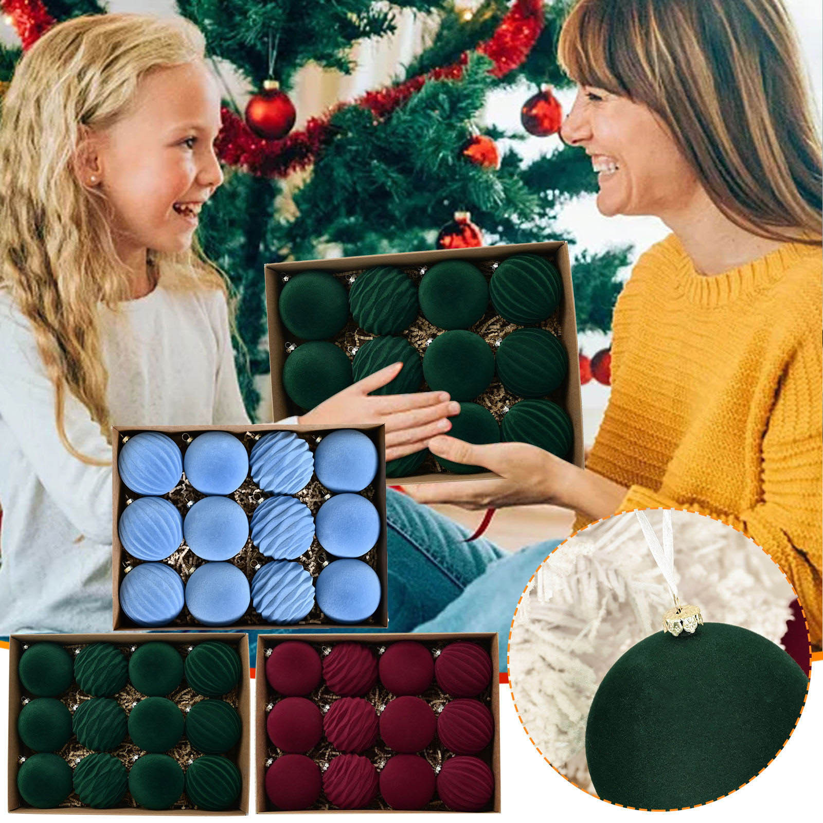 thumbnail video image 2 of 12pcs Dark Velvet Flocked Christmas Tree Ornaments Soft Textured Festive Hanging Decorative Balls Winter Party Tree Decorations For Seasonal Celebrations, Red, 2 of 9