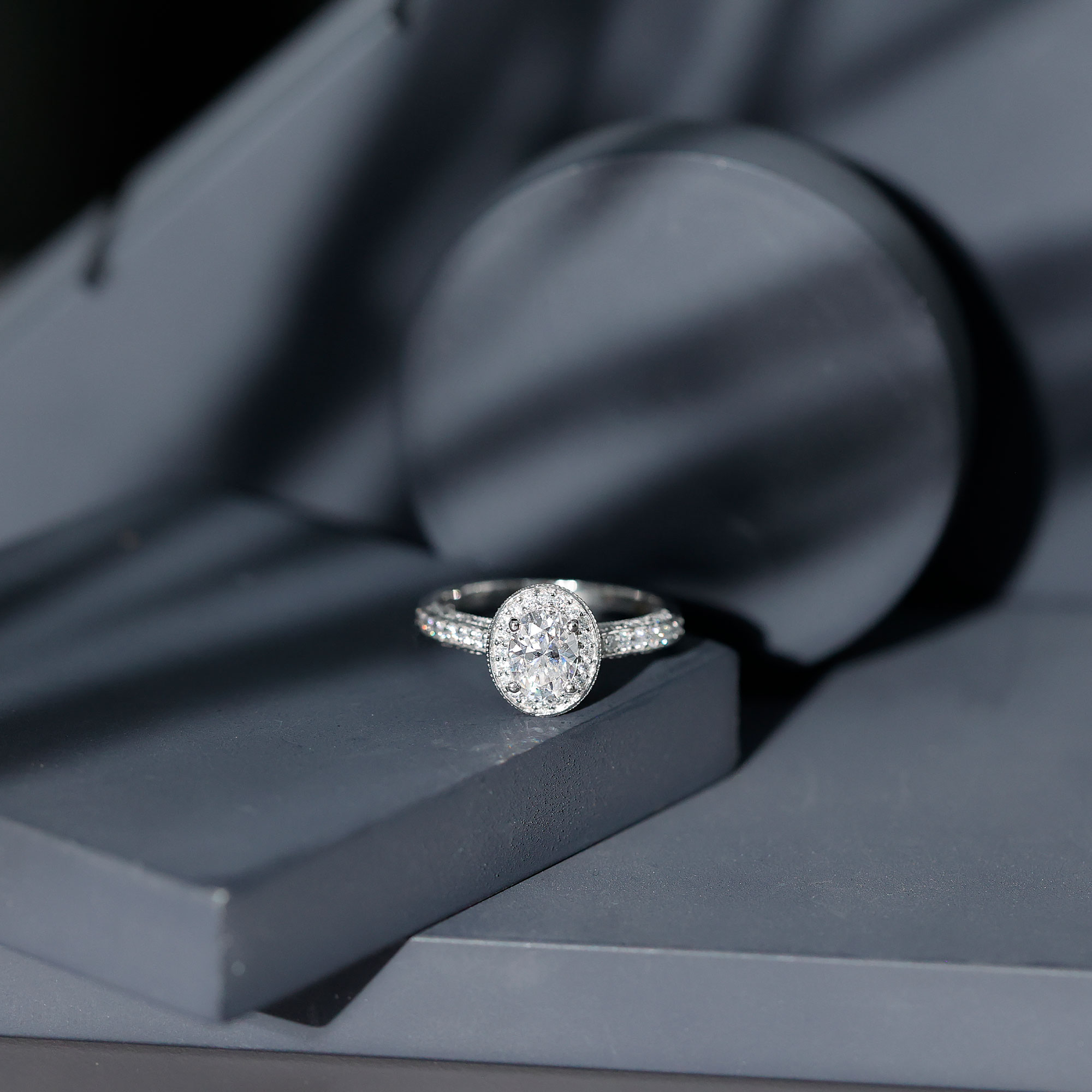 thumbnail video image 2 of Moissanite Vintage Inspired Engagement Ring (1 Ct, 6X8 mm Oval, D-VS1 Quality), 18K White Gold, US 10.75, 2 of 9