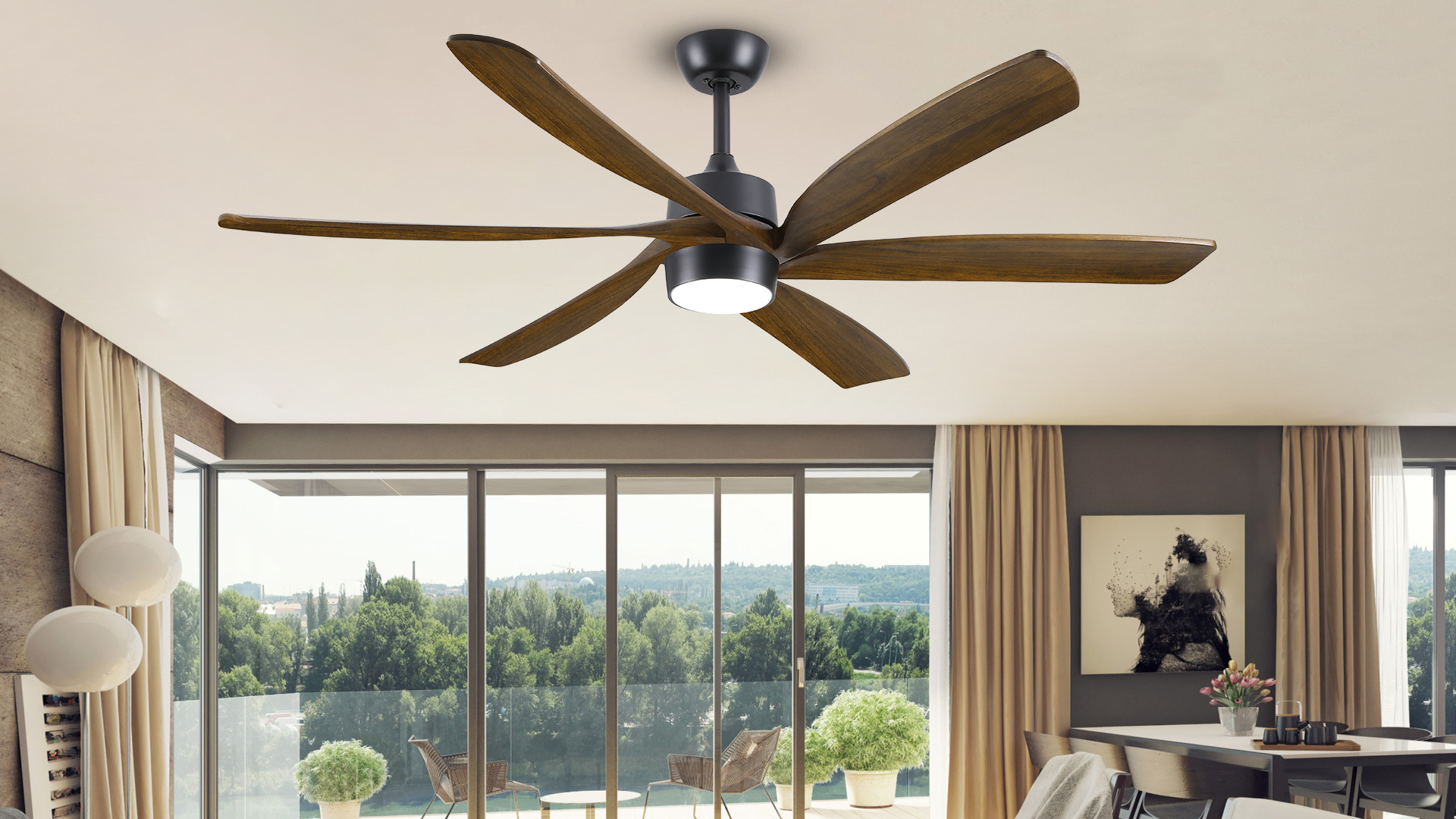thumbnail video image 2 of 60 inch Farmhouse Ceiling Fan with Light and Remote, Indoor Outdoor Large Reversible Solid Wood 6 Blades, 3CCT Dimmable, 6 Speed Quiet DC Motor, 2 of 10