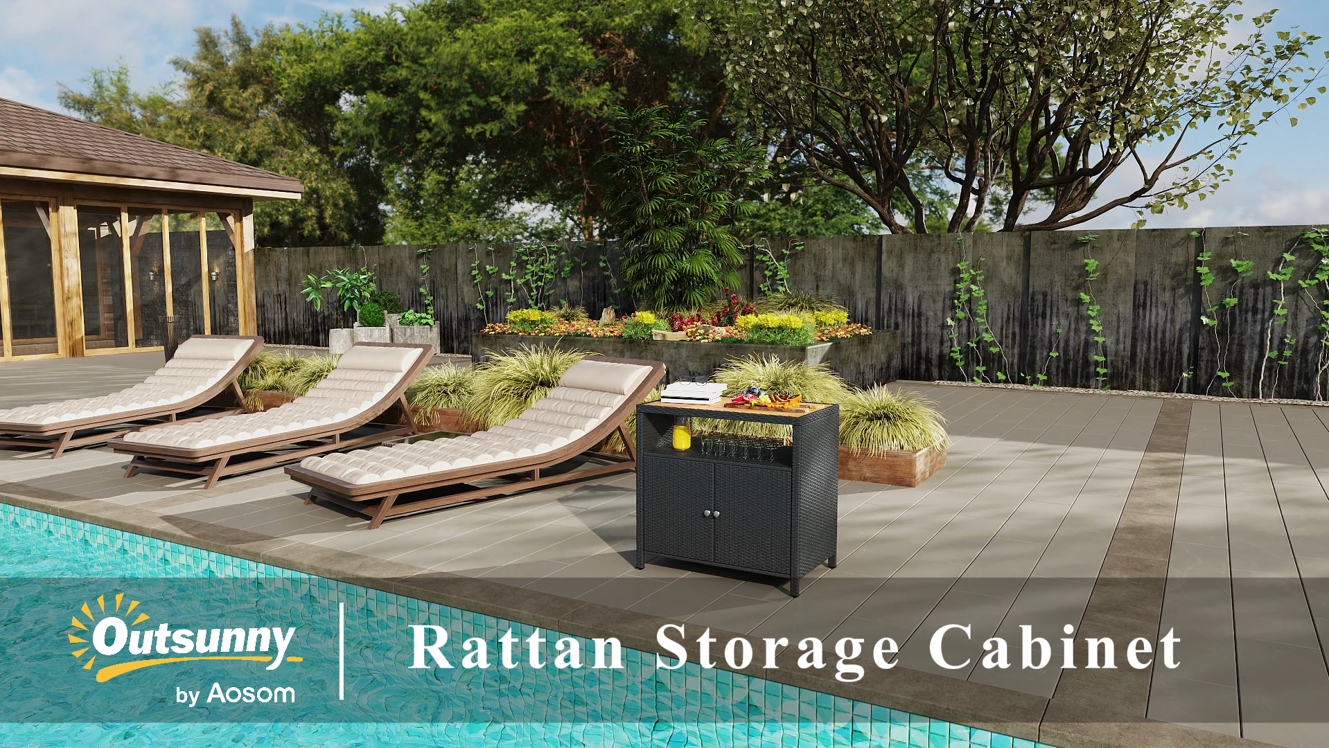 thumbnail video image 2 of Outsunny Rattan Outdoor Storage Cabinet, Wicker Bar Table with Acacia Wood Countertop, Two Doors, Shelf, for Garden, Patio, Backyard, Black, 2 of 10