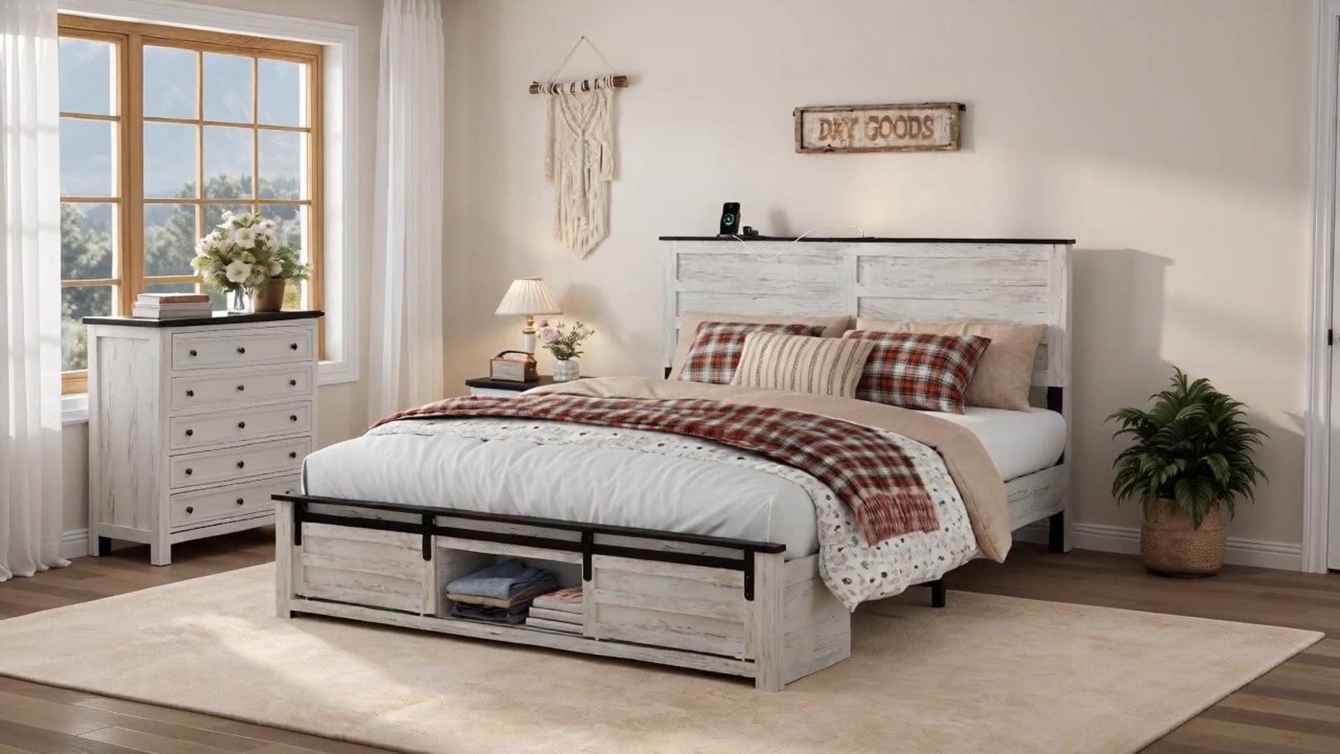 thumbnail video image 2 of Bzbbzc Wooden Bed Frame with Headboard and Sliding Barn Door Storage Footboard, Charging Station and LED Lights Platform Bed Frame, Queen, 2 of 11