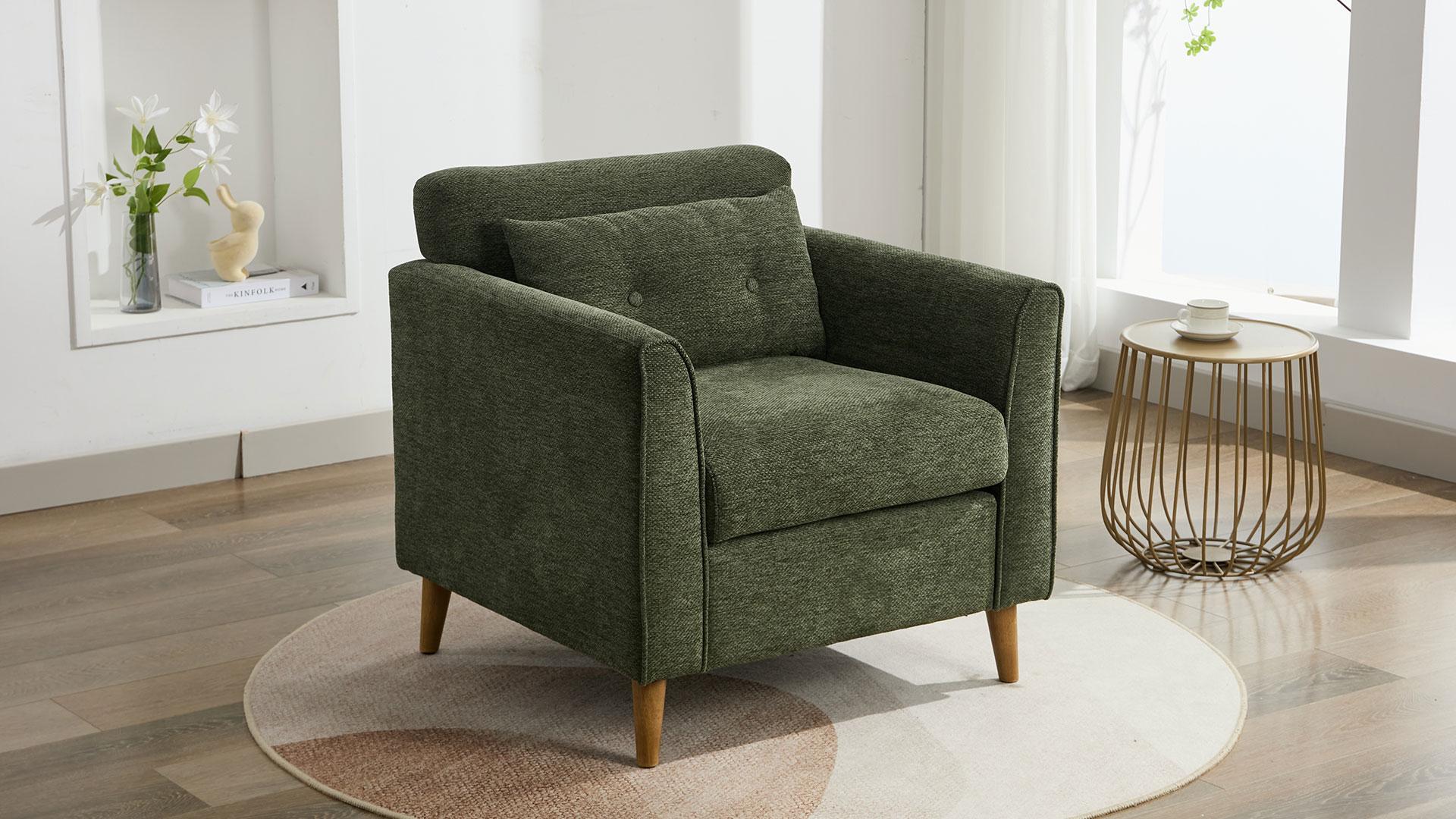 thumbnail video image 2 of JURANYAZHU Modern Accent Chair with Cushion,Soft-Padded Wide Armchair,Solid Wood Leg Design Suitable for Bedroom,Living Room, and Office,Green, 2 of 7