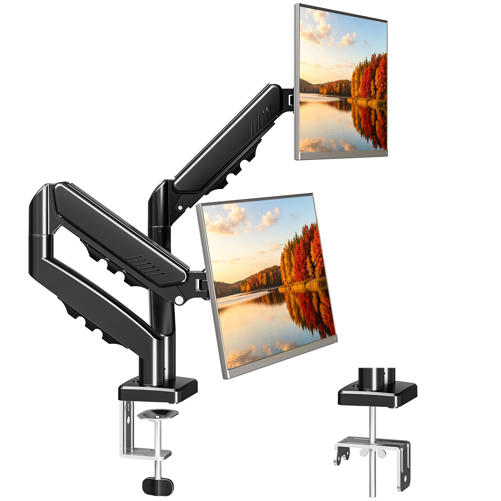 thumbnail video image 2 of HOMOUNT Dual Monitor Mount Stand for 13-32 inch, Gas Spring Monitor Arm for 2 Monitor, Dual Monitor Desk Mount with Tilt, Swivel, Rotation,Each Arm Holds Max 19.8 lbs, 2 of 10