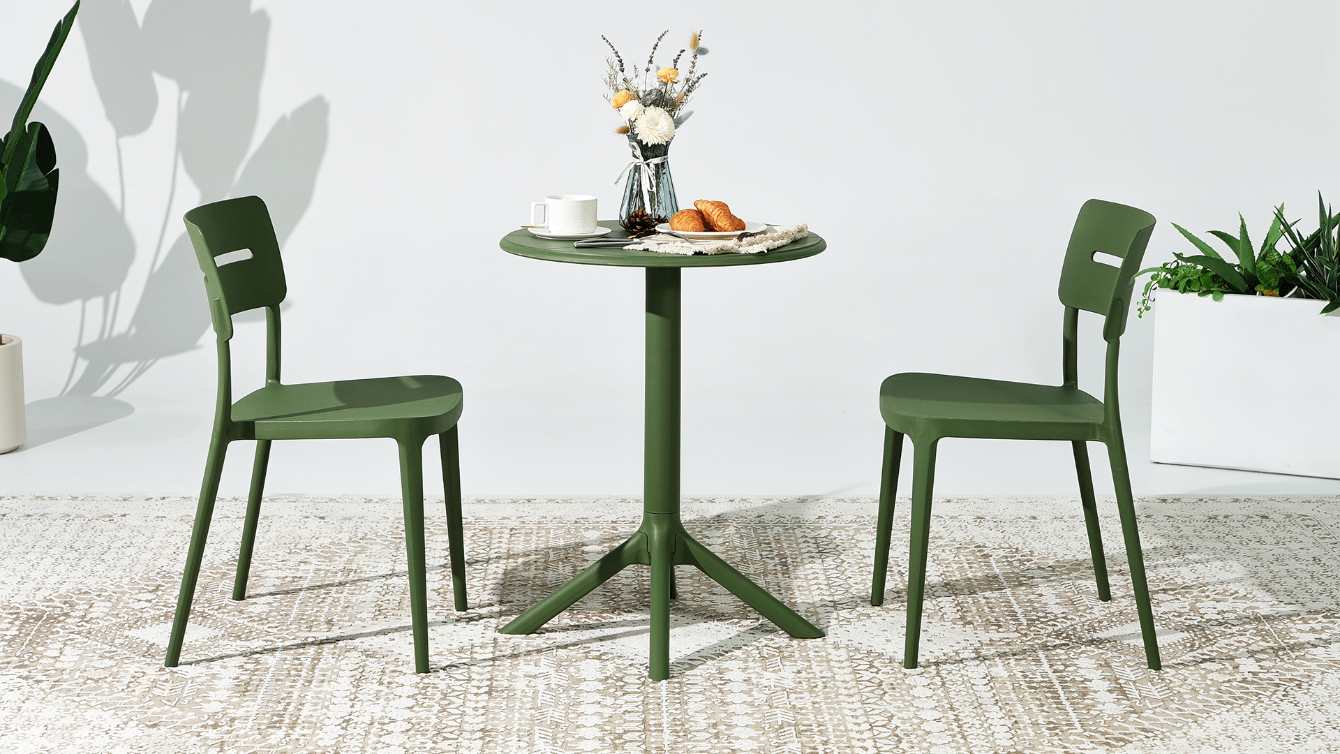thumbnail video image 2 of WestinTrends Playa 3-Piece Outdoor Resin Patio Bistro Set with Stackable Patio Dining Chairs, Olive Green, 2 of 16