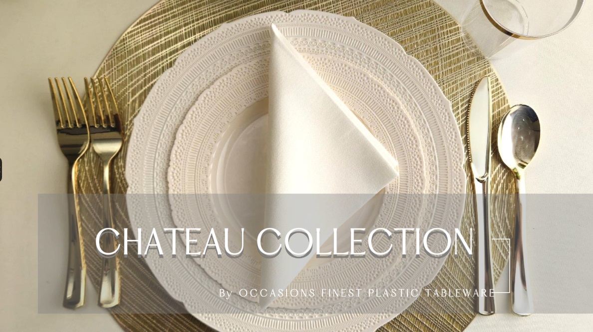 thumbnail video image 2 of " OCCASIONS " 50 Plates Pack (25 Guests)-Extra Heavyweight Vintage Wedding Disposable / Reusable Plastic Plates 25 x 11'' Dinner + 25 x 8.25'' Salad /dessert (Chateau Collection Ivory), 2 of 8