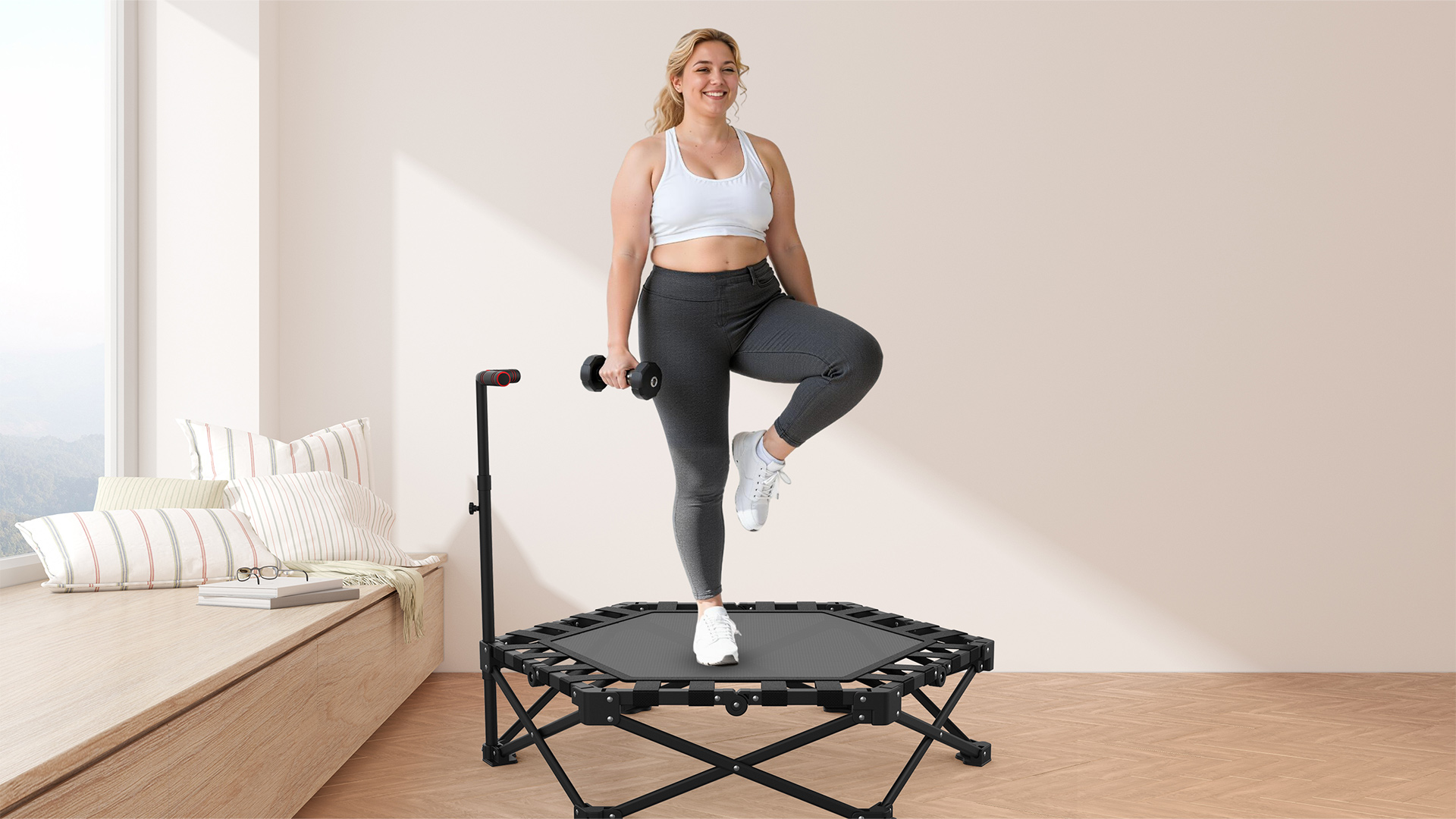 thumbnail video image 2 of FUNTOK 48" Foldable Mini Trampoline 440lbs, 95% Assembled Fitness Trampoline Rebounder w/ Silent Bungees, Adjustable Handle Exercise Rebounder for Adults Indoor Garden Workout, 2 of 10