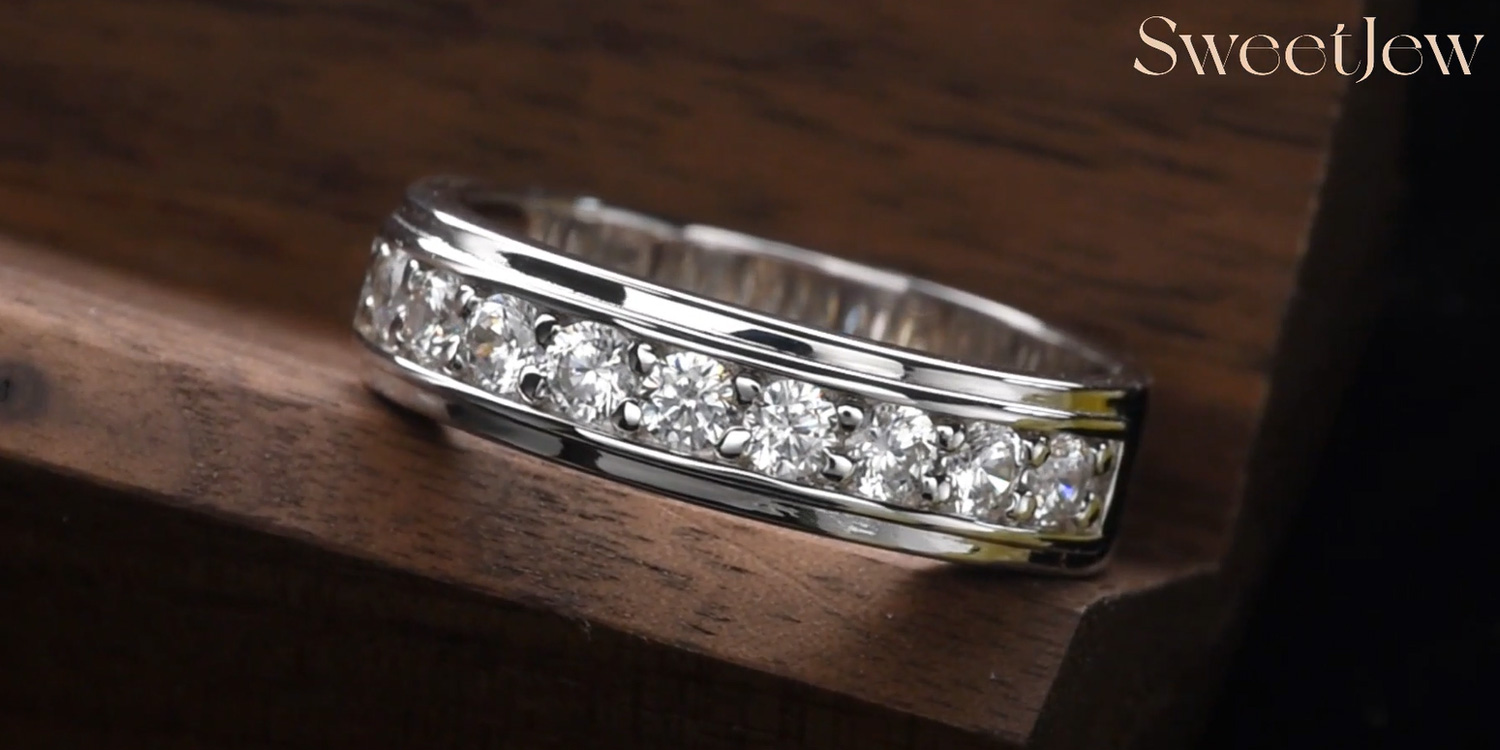 thumbnail video image 2 of Siyoupin Mens Moissanite Wedding Band 925 Sterling Silver 1Ct 9 Round Cut Engagement Ring White Gold Plated Size 8, 2 of 9