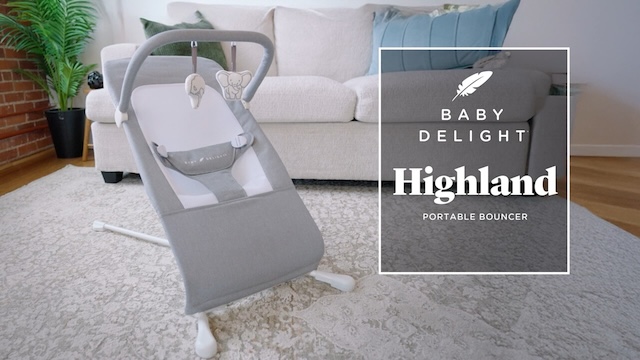 thumbnail video image 2 of Baby Delight Highland Portable Baby Bouncer, 3-Position, Infants 0-6 Months, Pebble Grey (Unisex), 2 of 9