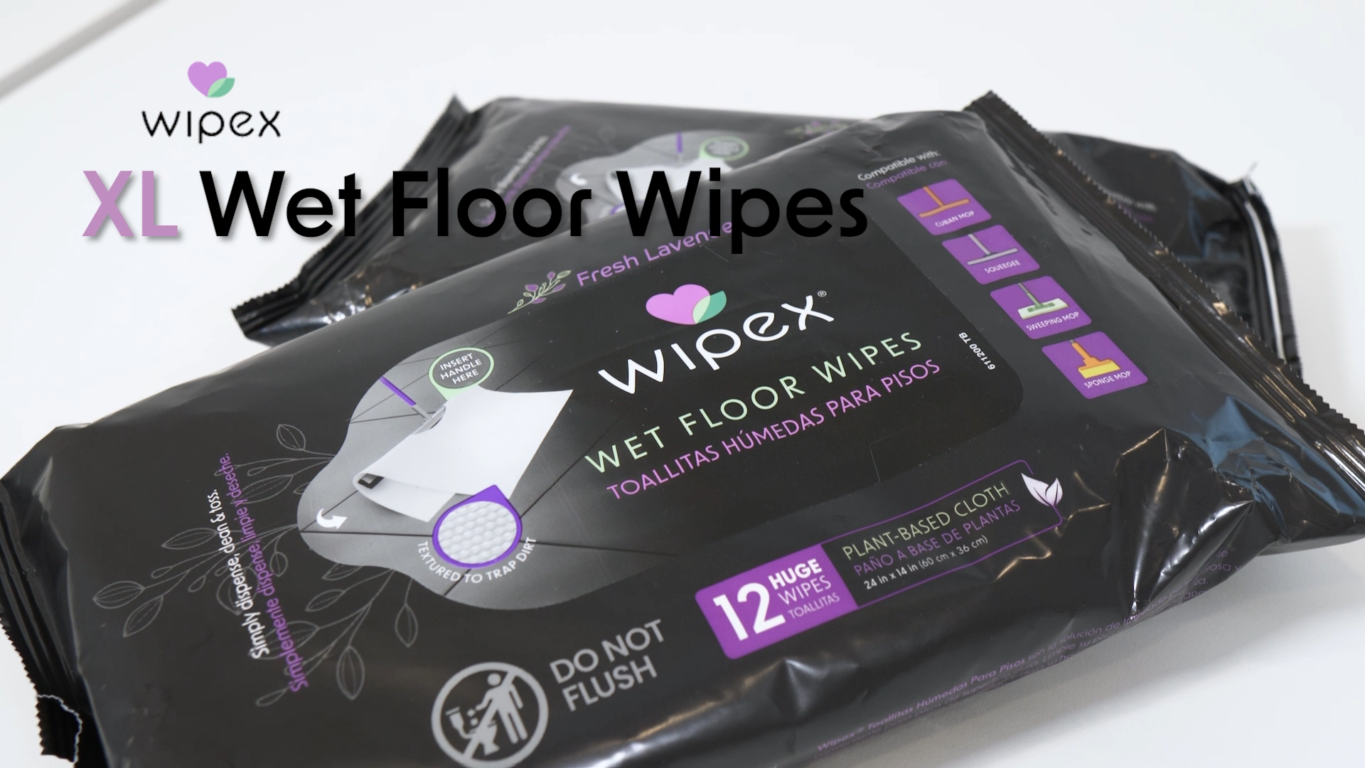 thumbnail video image 2 of Wipex XL Wet Floor Wipes for Squeegee Stick, Cuban Mop or Sweeping Mop, Plant Based Multi Surface Cleaning Wipes, Lavender Scent, (24" x 14"), Extra Thick, 12 Count, 2 of 8