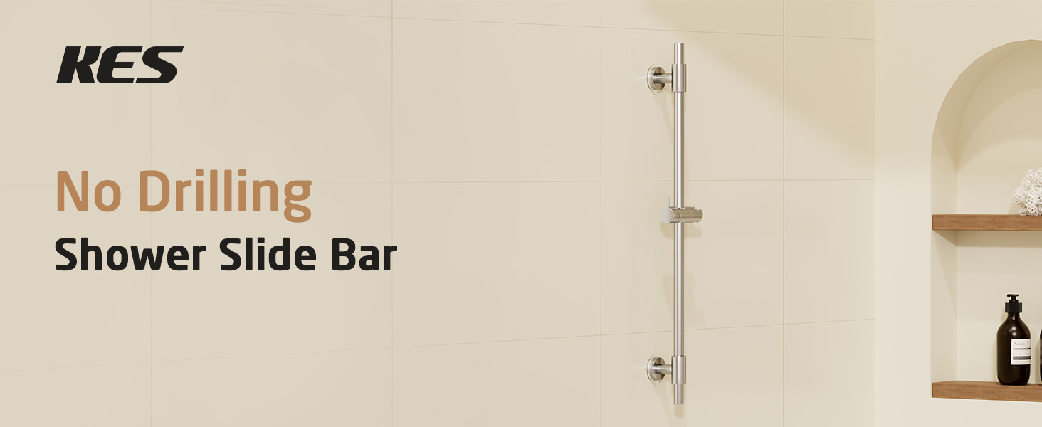 thumbnail video image 2 of KES Self Adhesive Shower Slide Bar 30 Inch with Adjustable Shower Head Holder, 18/8 Stainless Steel No Drill Mounted Shower Bar Brushed, 2 of 12