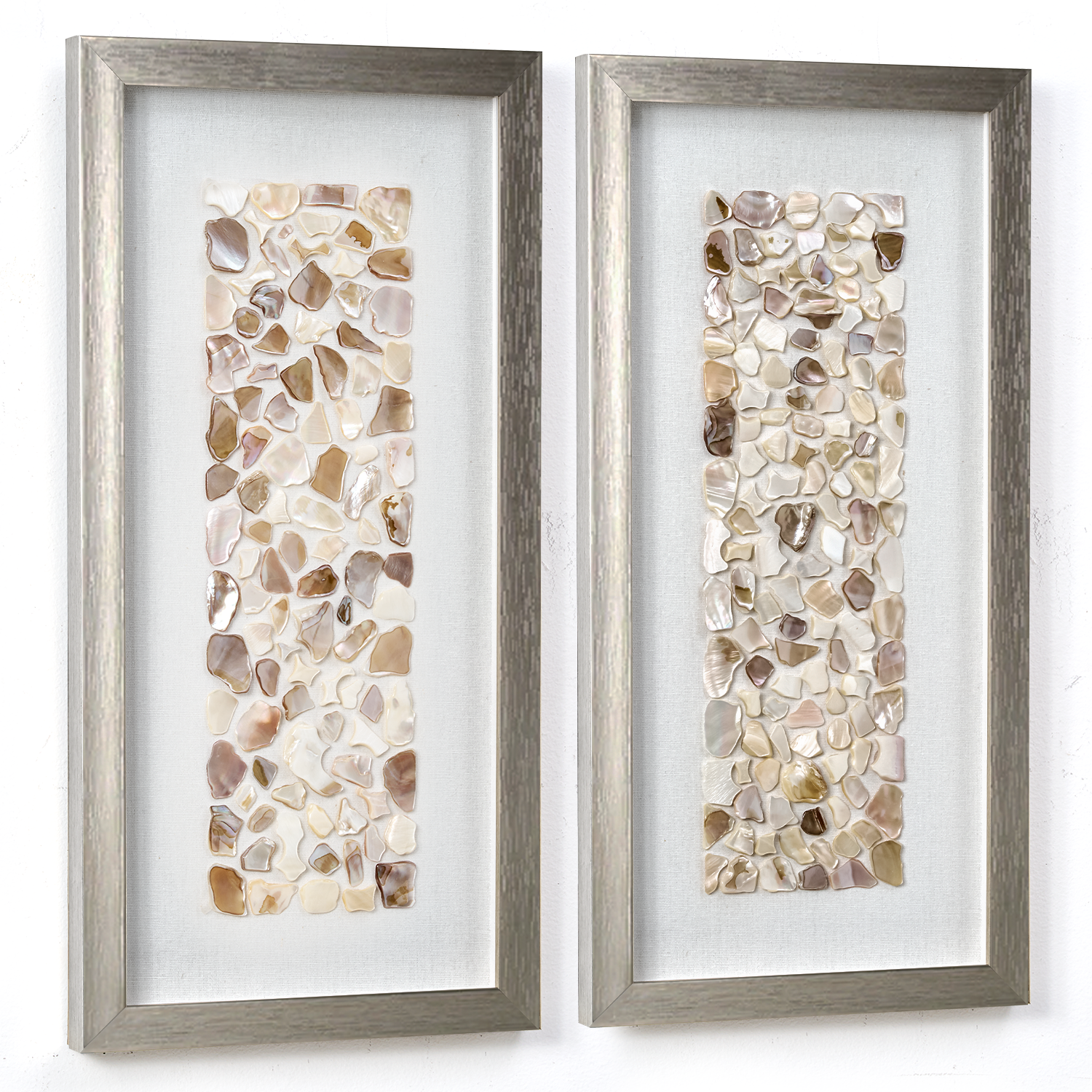 thumbnail video image 2 of American Art Decor Ivory and Beige Seashell Mosaic Framed Wall Art Panel - 8.75" x 17.75", Set of 2, 2 of 10