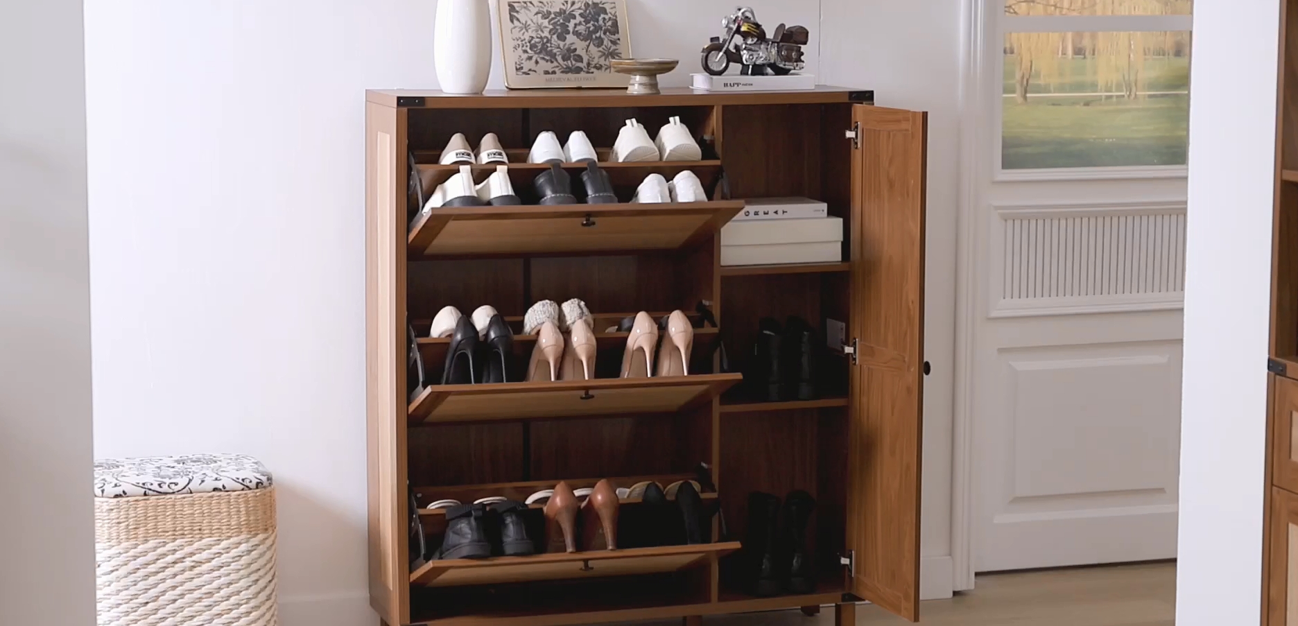 thumbnail video image 2 of 42.5" Rattan Style Shoe Storage Cabinet for Entryway with 3 Flip Drawers, Freestanding Hidden Shoe Organizer with Adjustable Shelves & Legs, 3-Tier Storage Cabinet, Walnut, 2 of 10