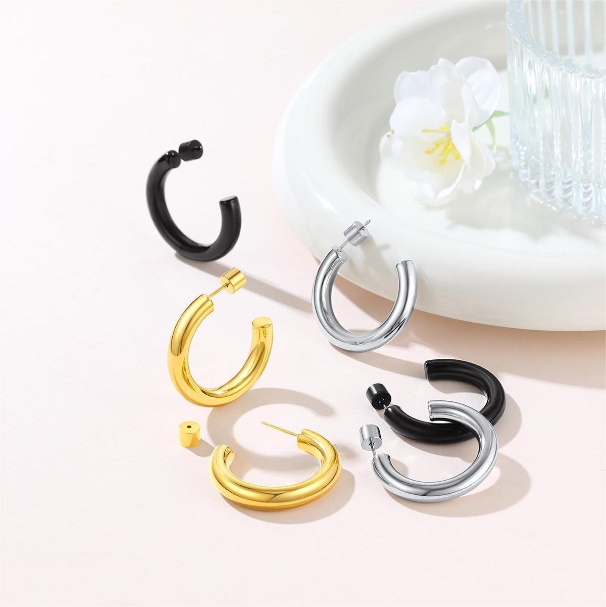 thumbnail video image 2 of FOCALOOK Silver Hoops Earrings for Women Stainless Steel Lightweight Chunky Round Thick Tube Open Hoop Huggie Earrings 40mm, 2 of 10