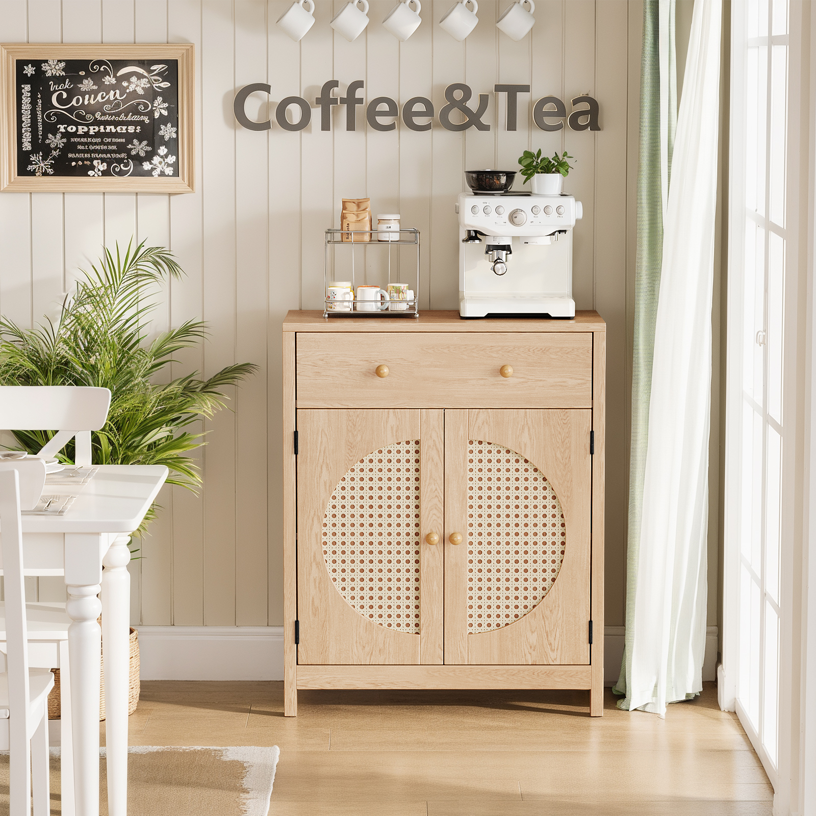 thumbnail video image 2 of Holliwill Rattan Buffet Cabinet Sideboard Set of 2 with Drawer, Farmhouse Storage Cabinet Coffee Bar for Dining Room Living Room Kitchen Entryway, Natural Oak, 2 of 13