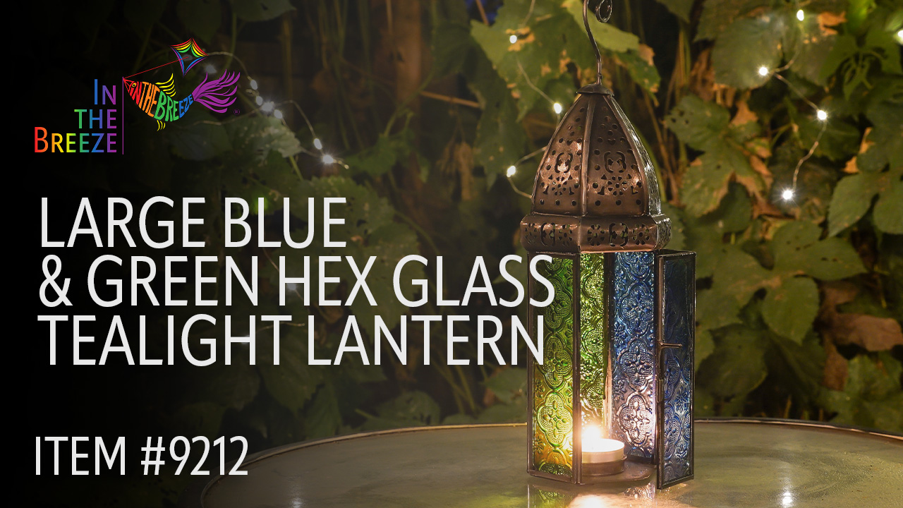 thumbnail video image 2 of In the Breeze 9212 — Blue & Green Large Hex Tealight Lantern — Moroccan-Style Boho Chic Tealight Glass and Metal Tabletop Lantern, 2 of 5