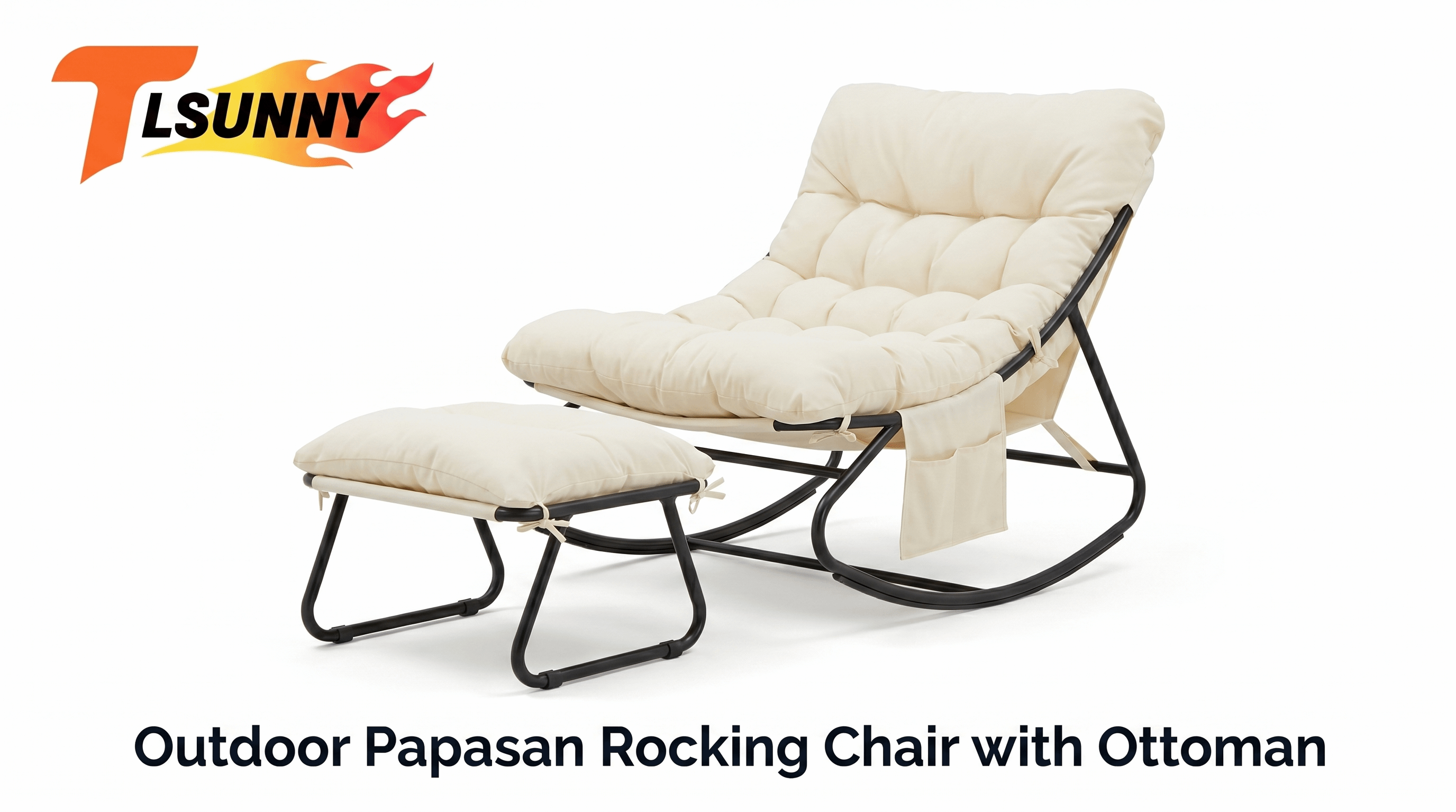 thumbnail video image 2 of TLSUNNY Outdoor Rocking Papasan Chair with Ottoman, Patio Rocking Chair with Footrests, Side Pocket and Cushion, Thick Water-Repellent Fabric Cushion, Comfy Recliner, 2 of 11