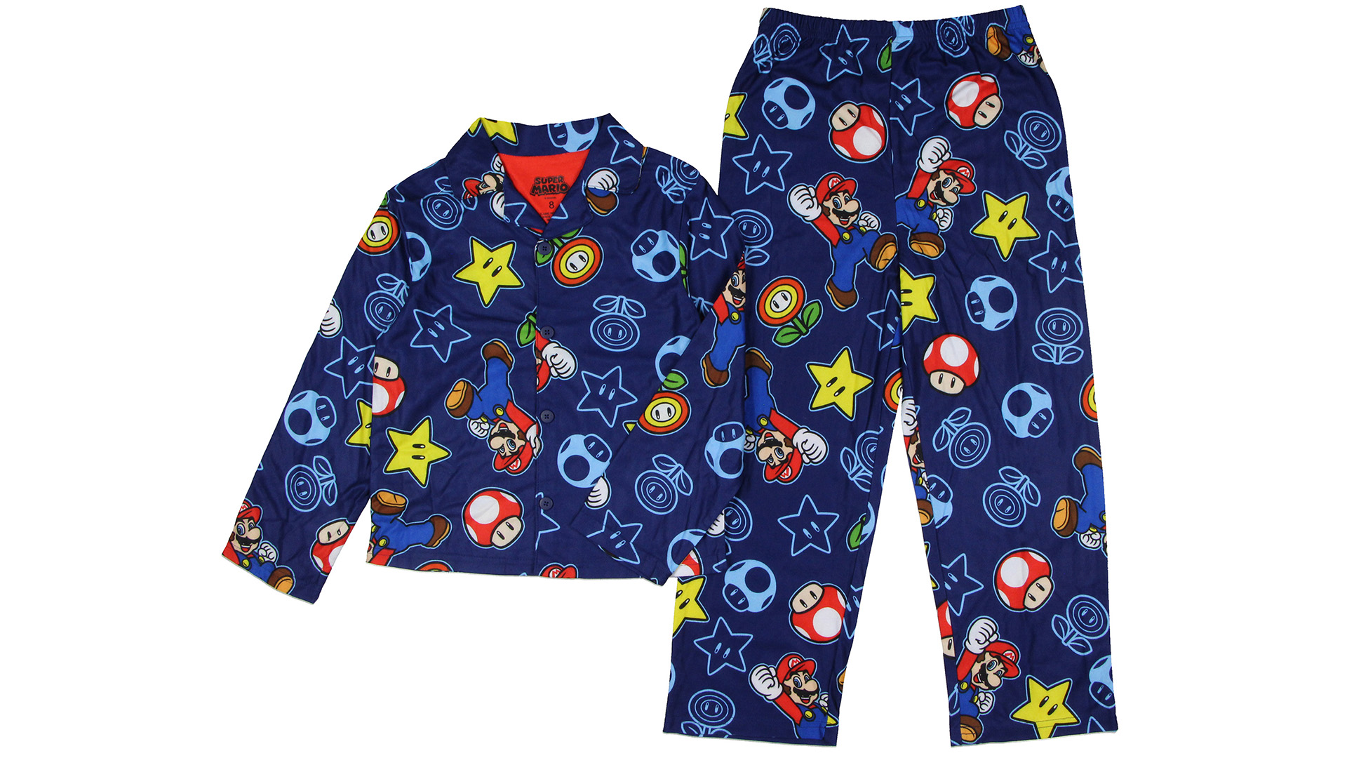 thumbnail video image 2 of Nintendo Super Mario Kid's AOP Icons Print 2-Piece Long Sleeve Button Down Coat Elastic Waist Pajama Pant PJ Sleep Set, 2 of 7